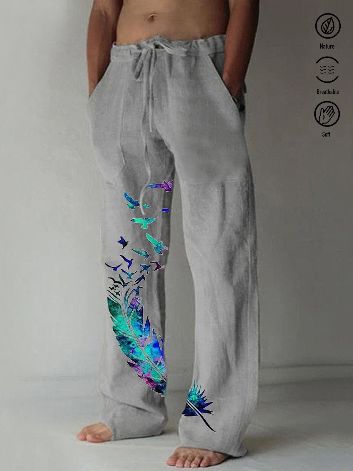 Royaura Comfortable Feather Printed Casual Men's Elastic Trousers