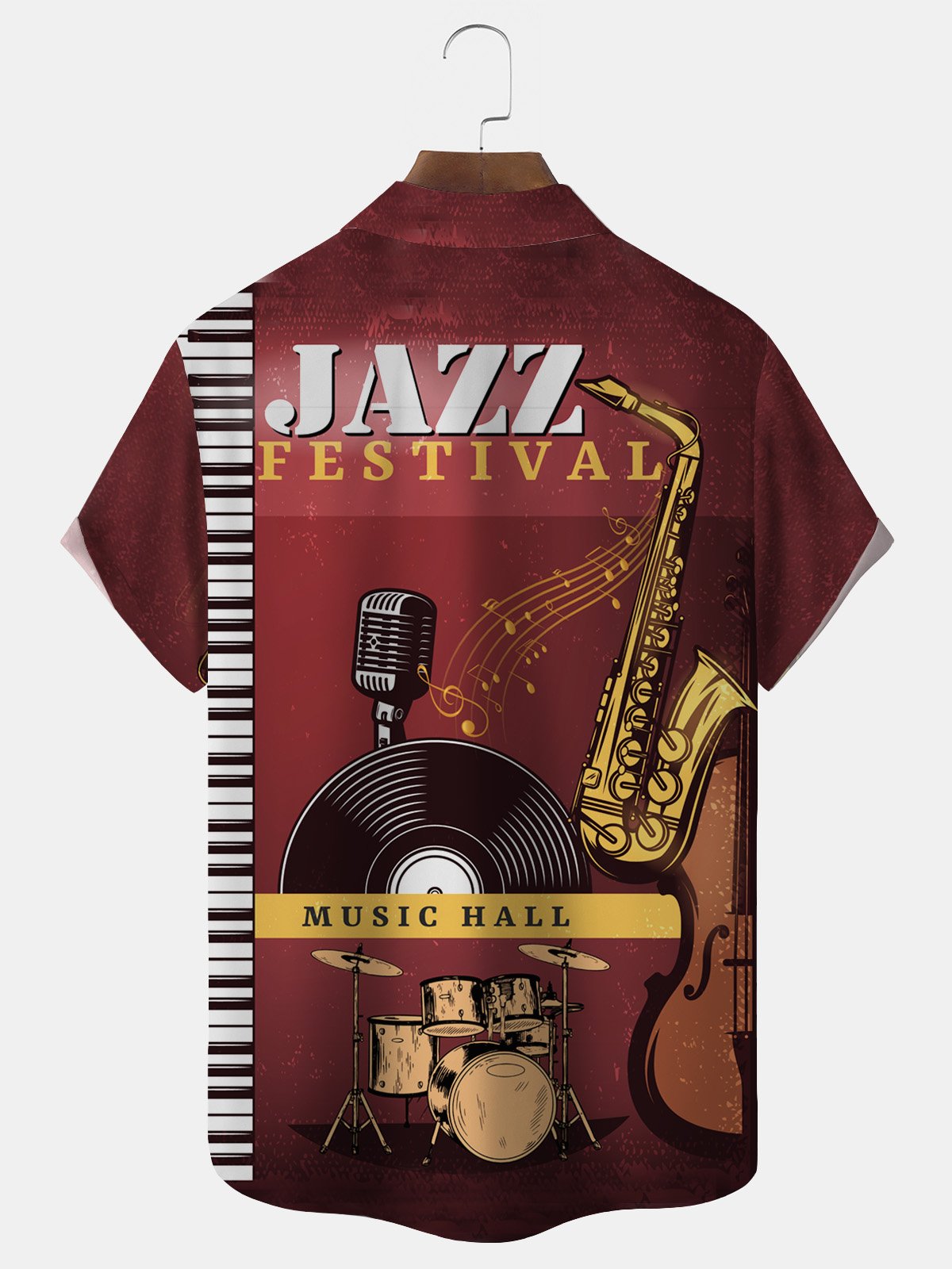 Royaura Music Instrument Jazz Print Men's Button Pocket Short Sleeve Shirt