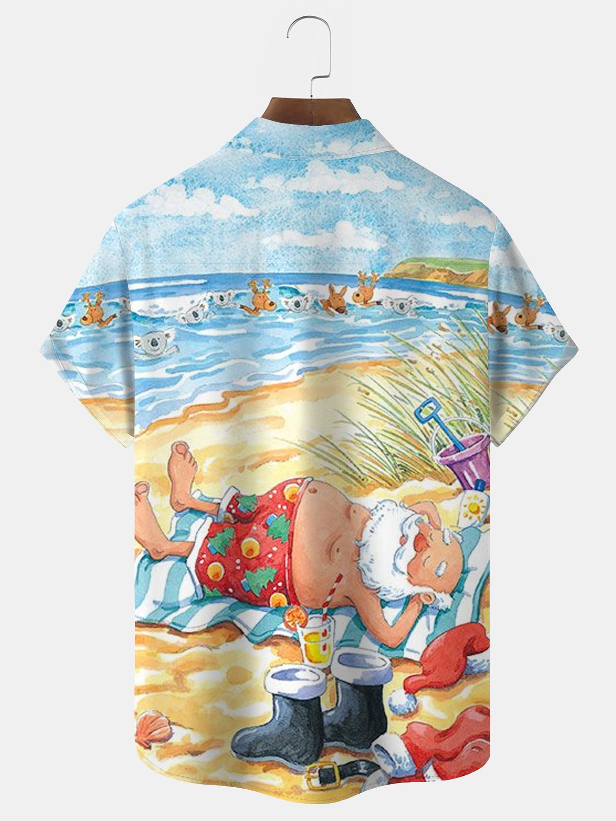 Royaura Christmas Santa Beach Print Beach Men's Hawaiian Oversized Long Sleeve Shirt with Pockets