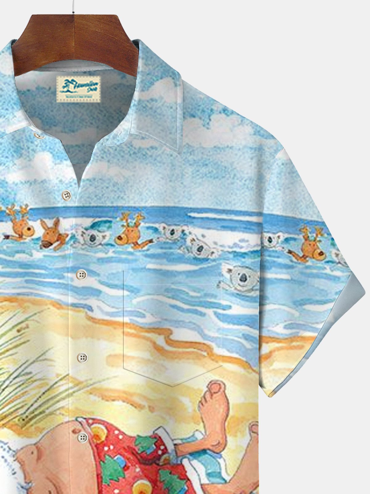 Royaura Christmas Santa Beach Print Beach Men's Hawaiian Oversized Long Sleeve Shirt with Pockets