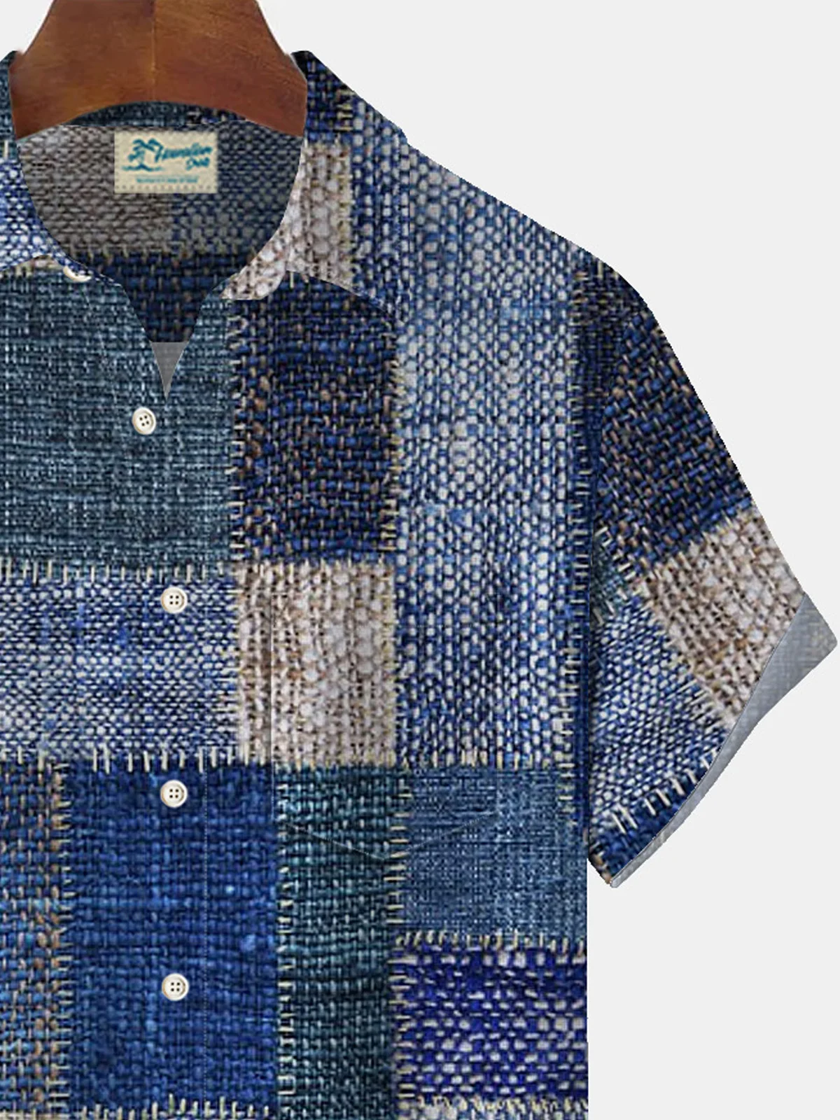 Royaura Retro Geometric Texture Men's Button Pocket Short Sleeve Shirt