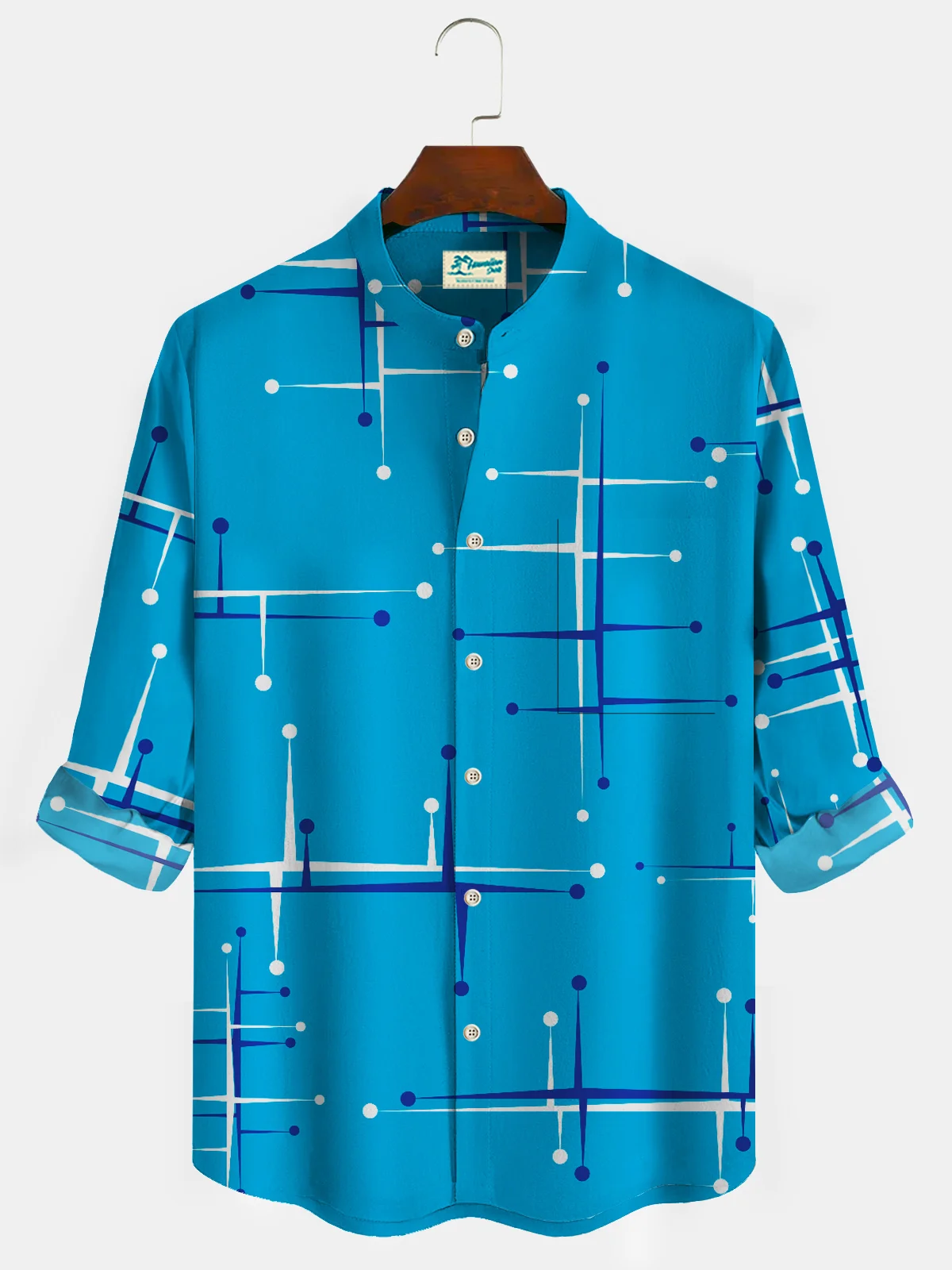 Royaura 50’S Vintage Mid-Century Modern Geometric Blue Men's Camp Shirts Stretch Plus Aloha Casual Pocket Shirts