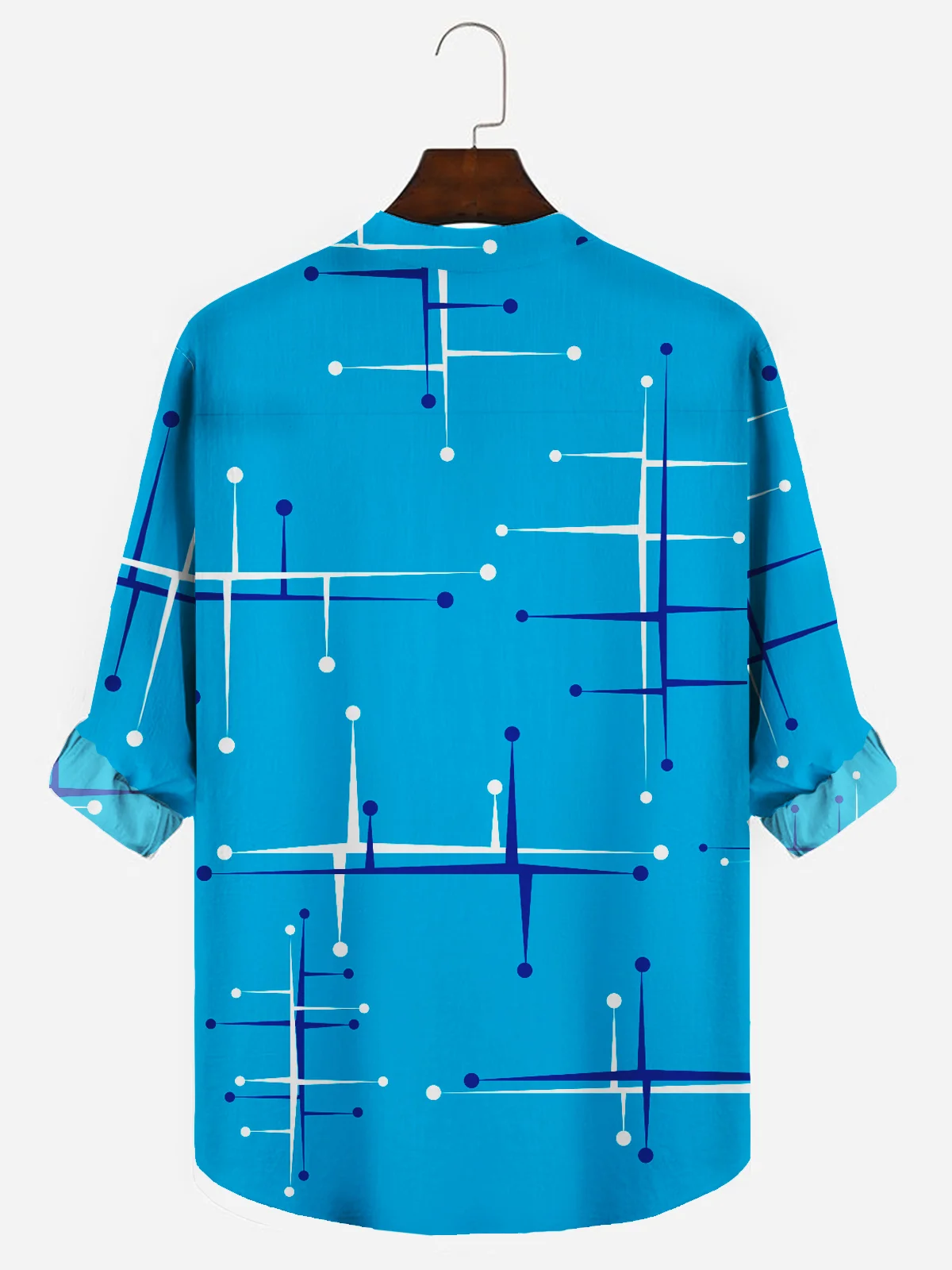 Royaura 50’S Vintage Mid-Century Modern Geometric Blue Men's Camp Shirts Stretch Plus Aloha Casual Pocket Shirts