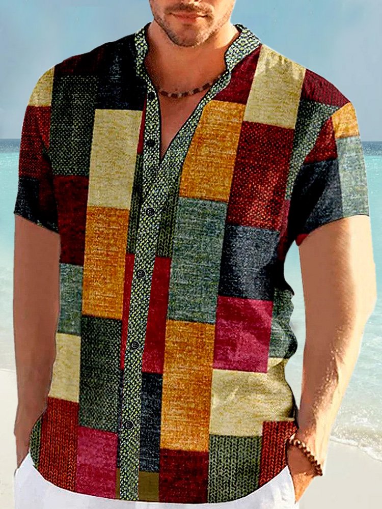 Royaura Retro Geometric Color Block Printed Men's Button Pocket Short Sleeve Shirt