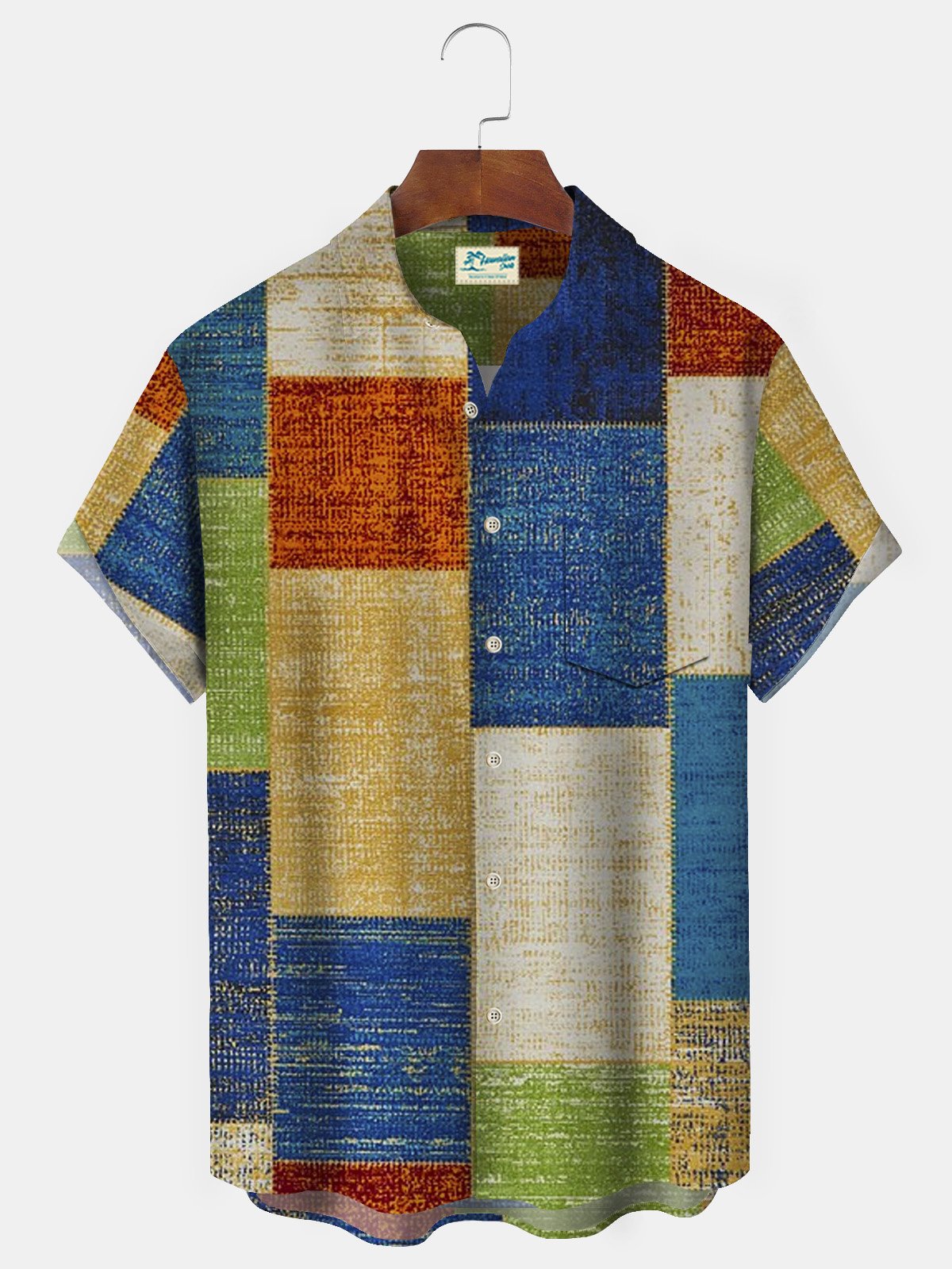 Royaura 50’s Vintage Mid-Century Blue Geometric Men's Casual Shirts Stretch Plus Size Aloha Button Camp Pocket Shirts