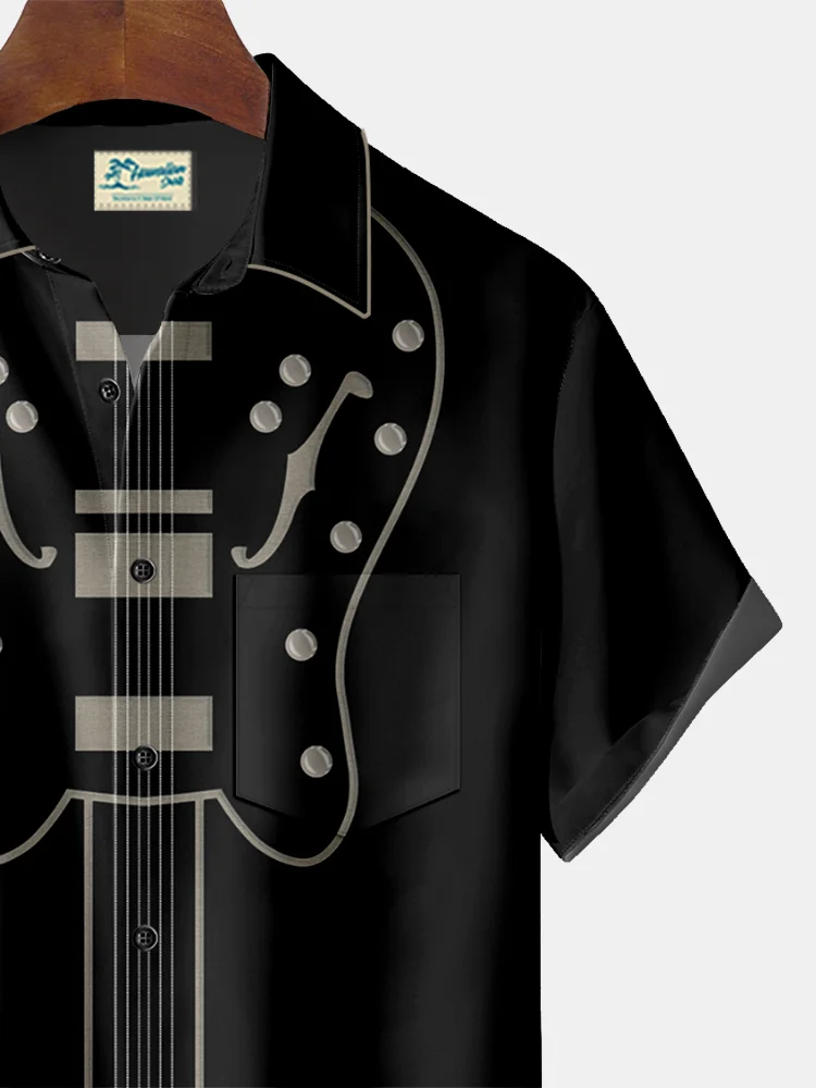 Royaura Musical Guitar Print Beach Men's Hawaiian Oversized Shirt with Pockets