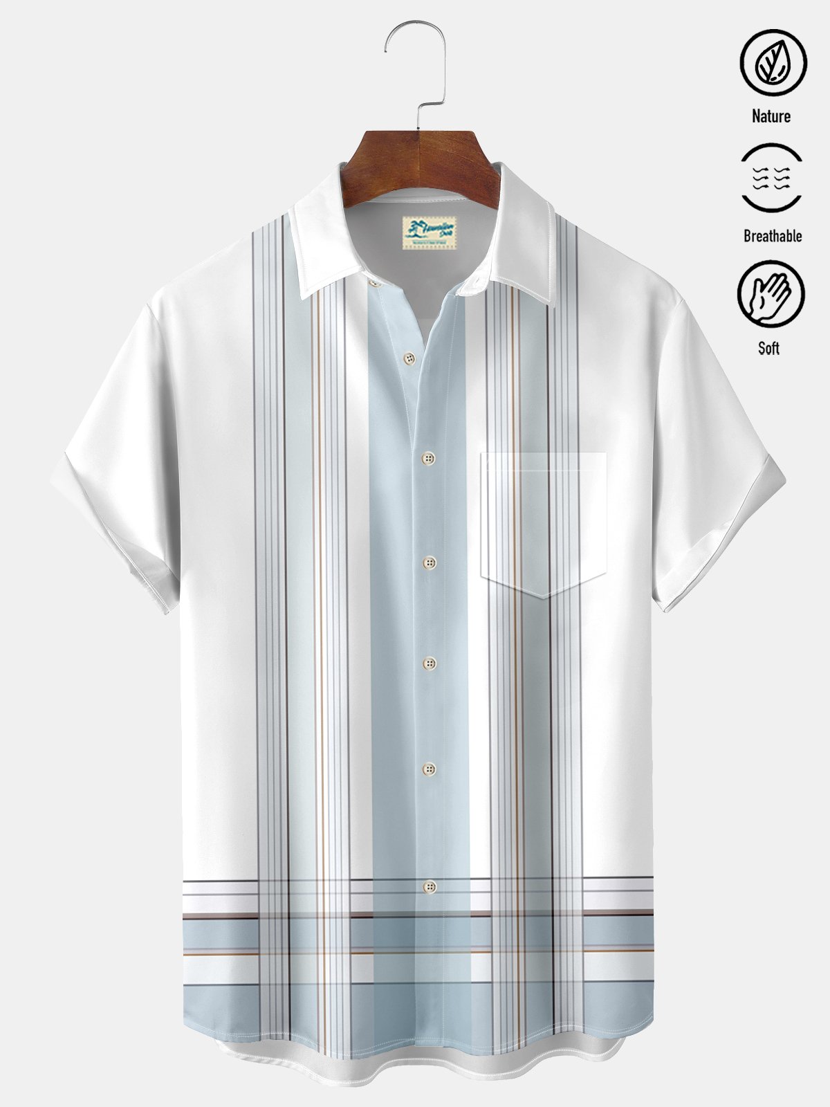 Royaura Contrasting lines Printed  Men's Hawaiian Oversized Shirt with Pockets