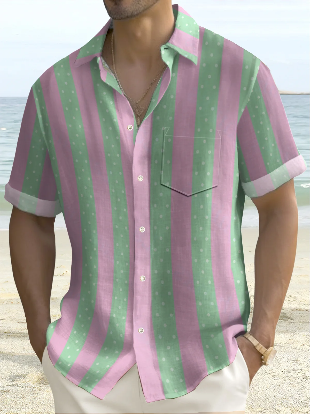 Royaura Ken and Barbie Art Stripe Contrast Print Beach Men's Hawaiian Oversized Shirt with Pockets