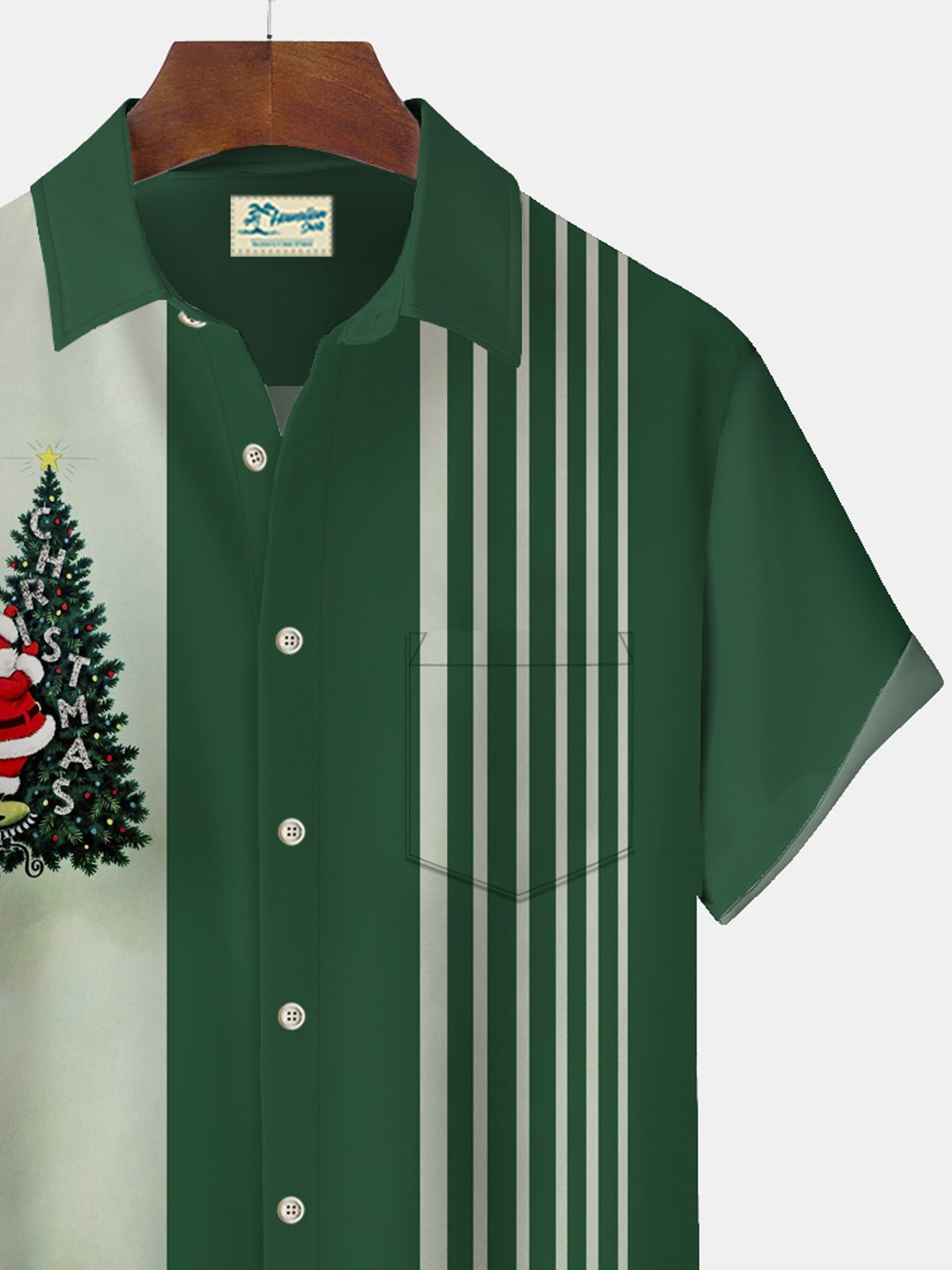 Royaura Christmas Holiday Green Men's Bowling Shirt Christmas Tree Cartoon Stretch Casual Camp Pocket Button Santa Shirts
