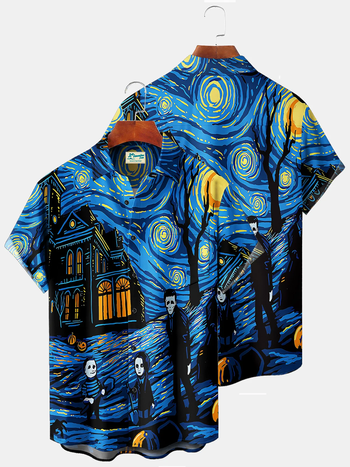 Royaura Holiday Blue Halloween Men's Hawaiian Shirts Ghost Zombie Cartoon Art Moon Stretch Plus Size Aloha Camp Shirts