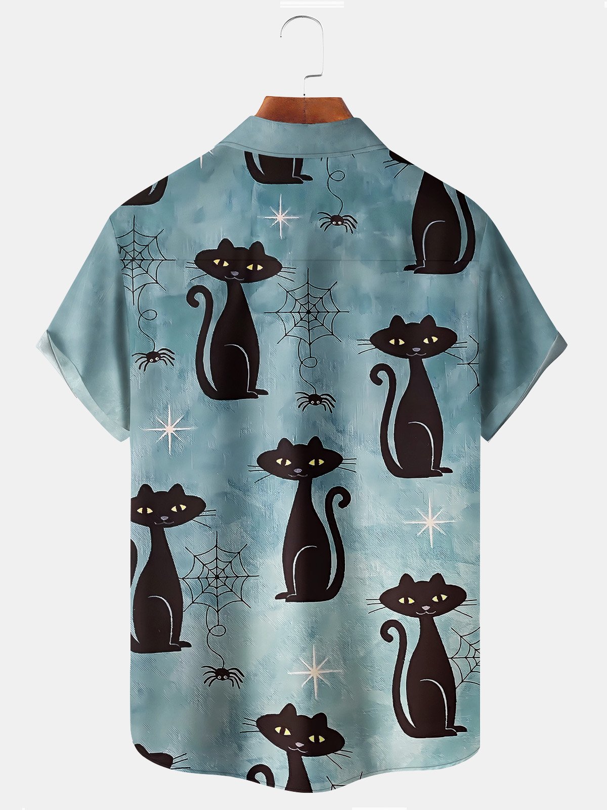 Royaura Halloween Light Blue Black Cat Men's Hawaiian Shirts Spider Web Cartoon Fun Stretch Aloha Camp Button Shirts