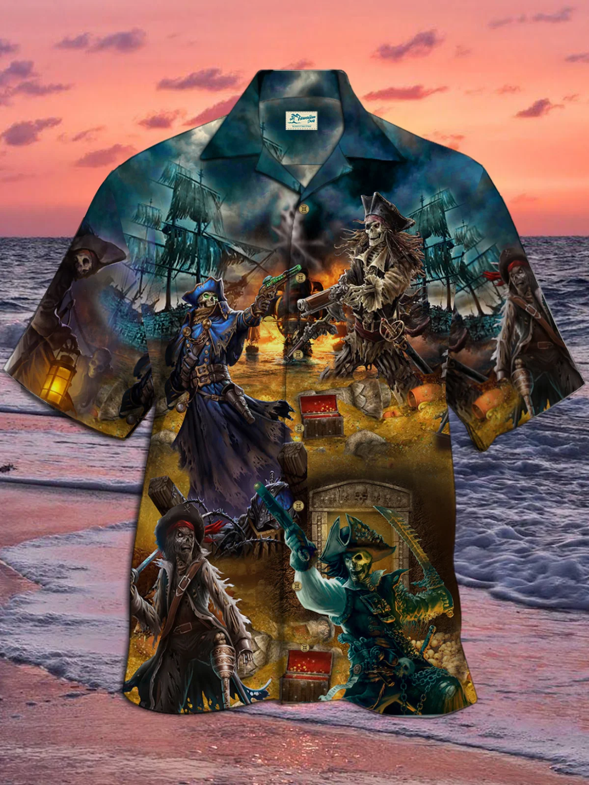 Royaura Skull Hunting Treasure Journey Print Beach Men's Hawaiian Oversized Shirt with Pockets