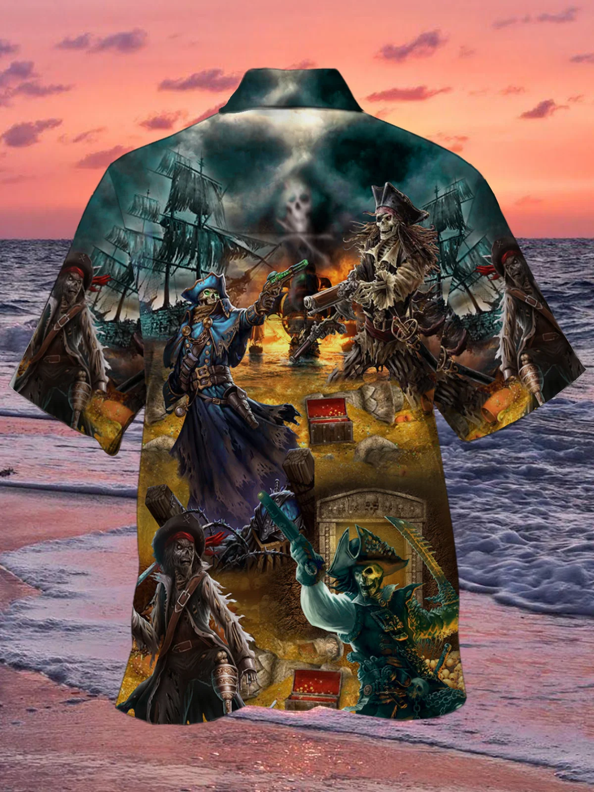 Royaura Skull Hunting Treasure Journey Print Beach Men's Hawaiian Oversized Shirt with Pockets