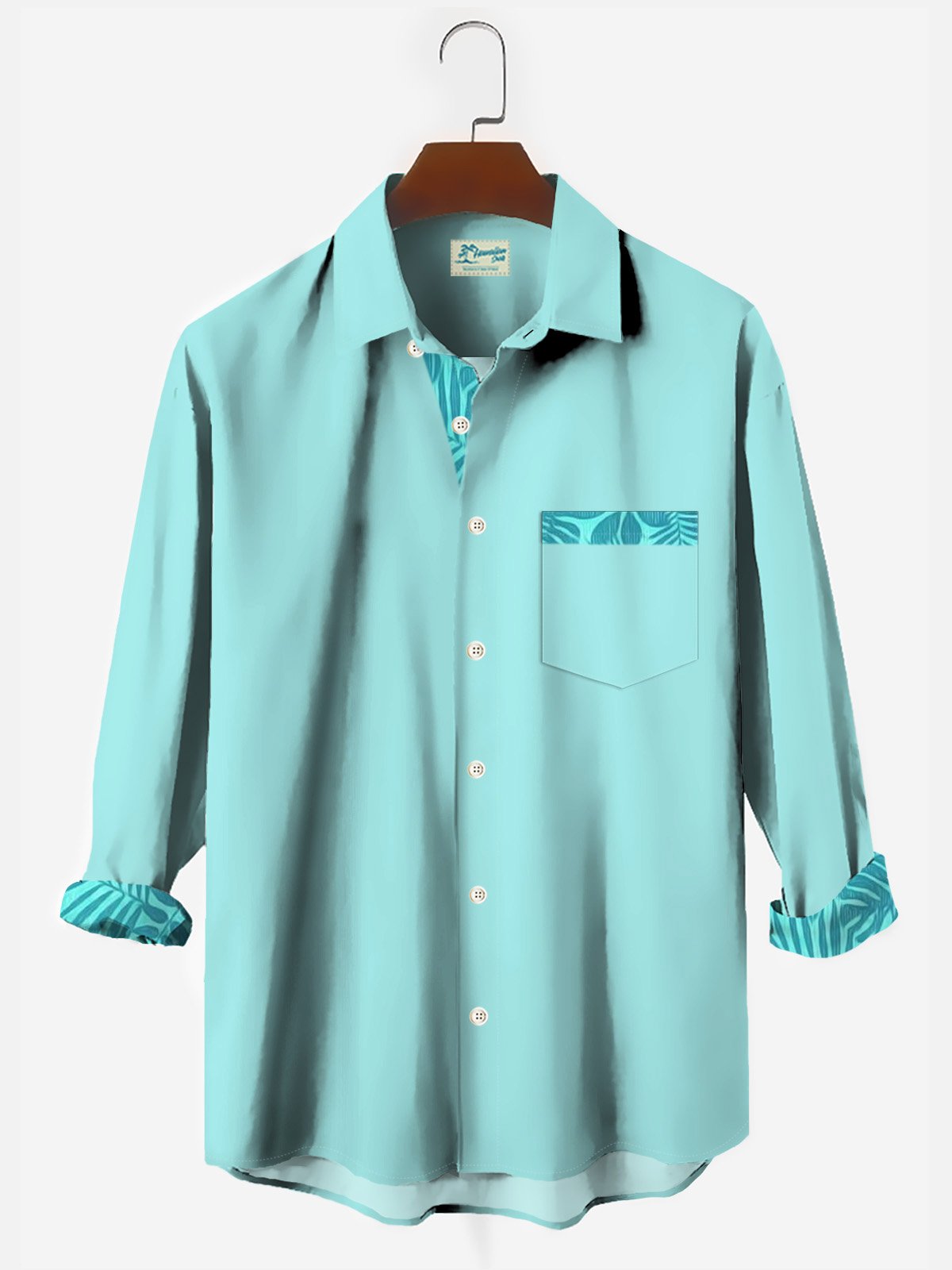 Royaura Hawaiian Leaf Print Men's Button Pocket Long Sleeve Shirt