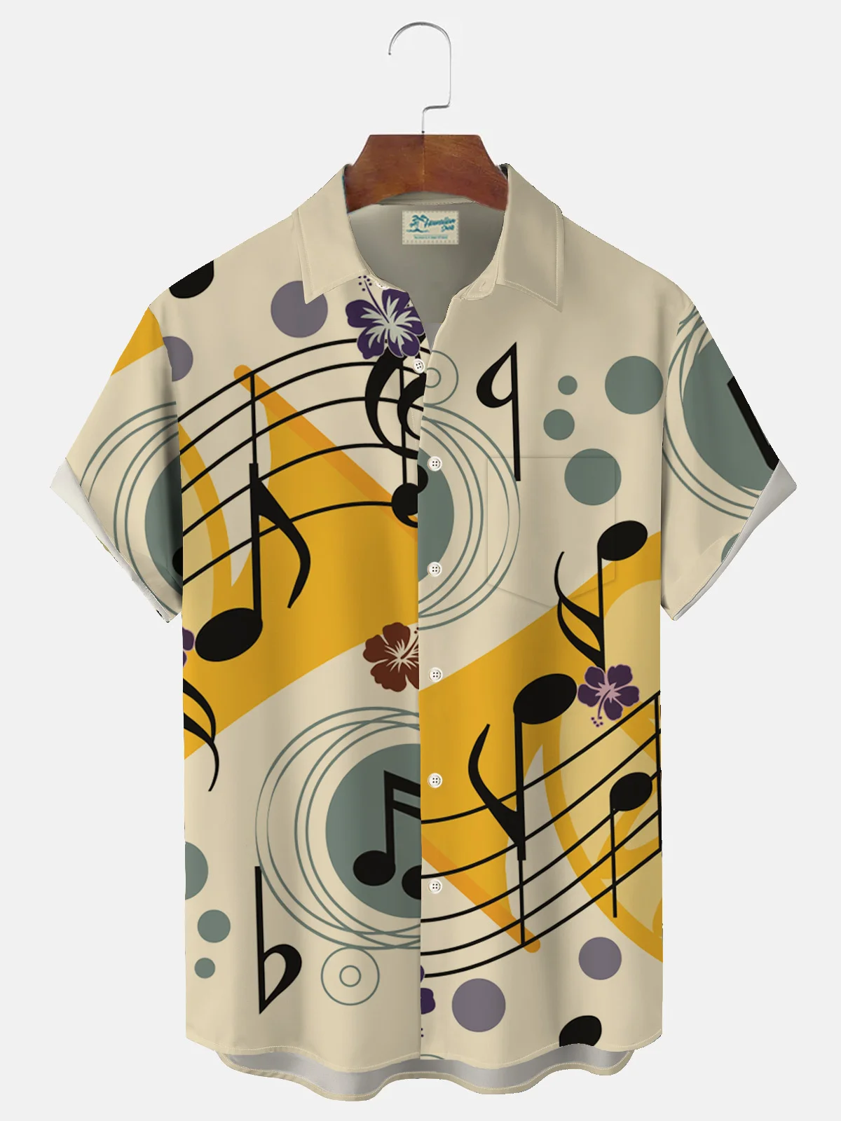 Royaura Music Note Print Men's Button Pocket Short Sleeve Shirt