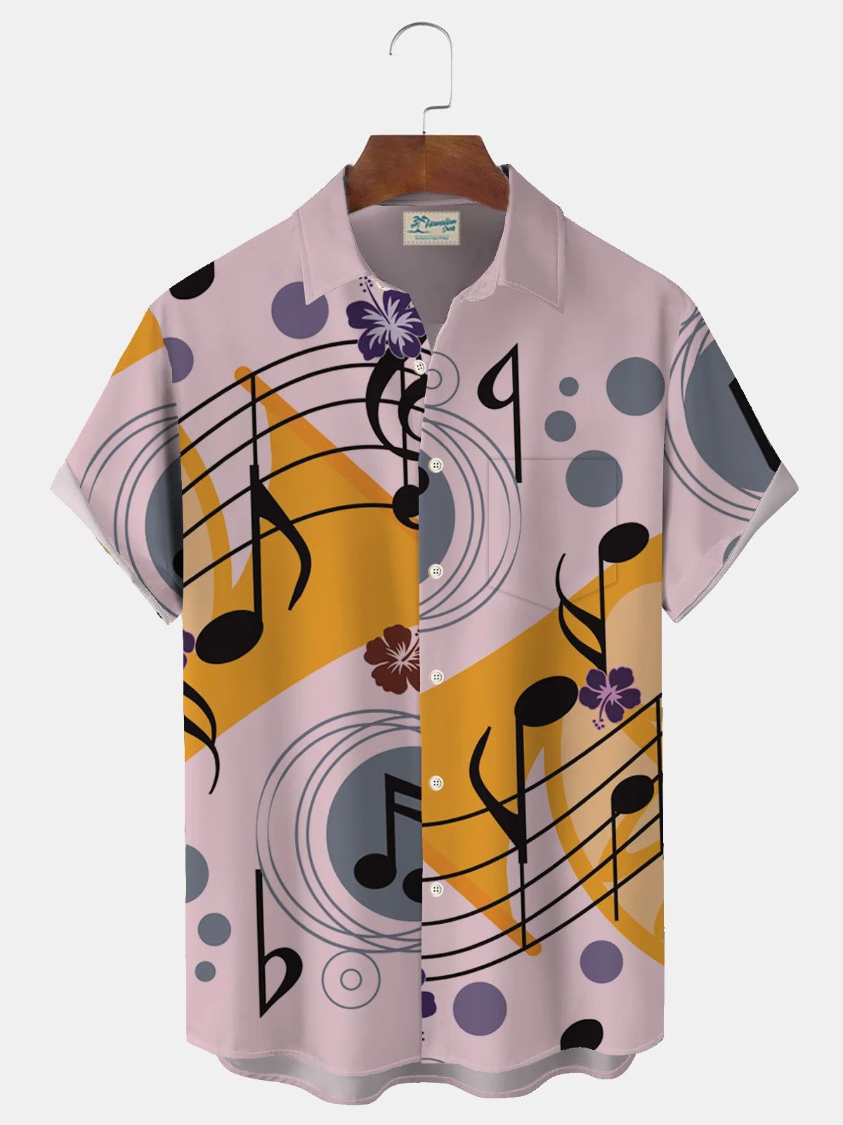Royaura Music Note Print Men's Button Pocket Short Sleeve Shirt