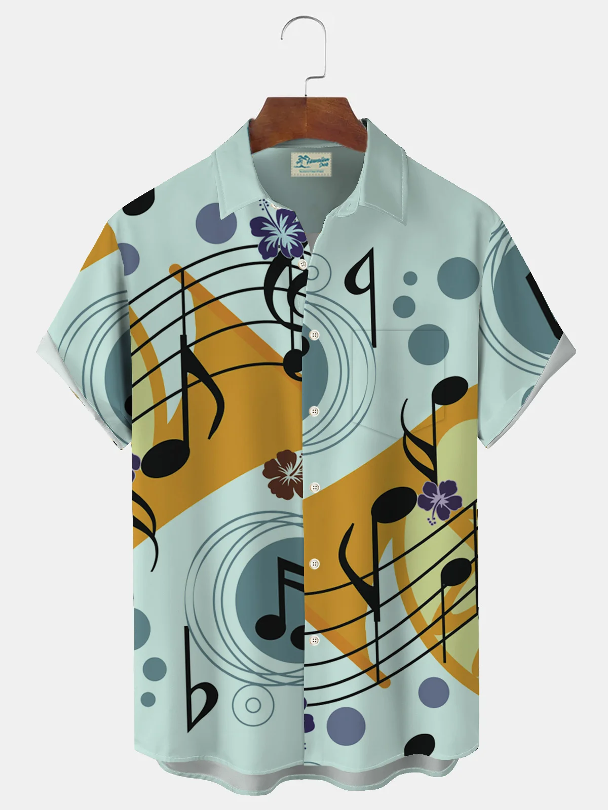 Royaura Music Note Print Men's Button Pocket Short Sleeve Shirt