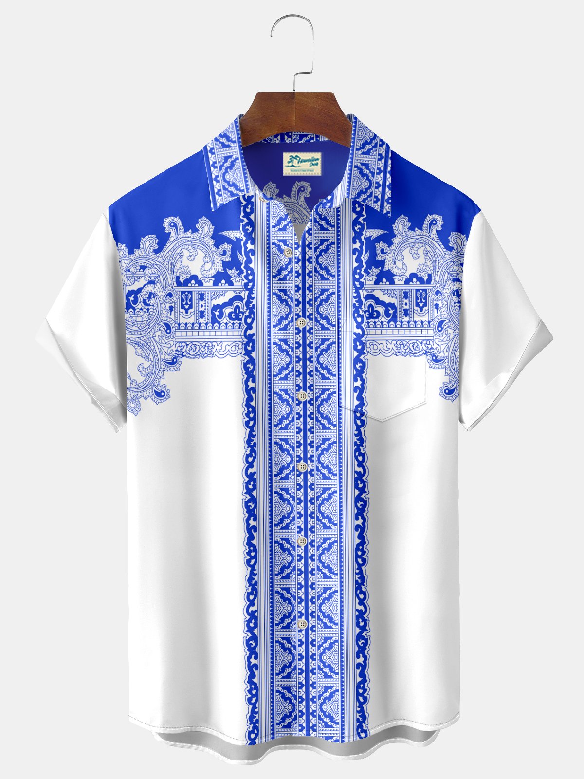 Royaura Blue Palis Print Beach Men's Hawaiian Oversized Pocket Shirt