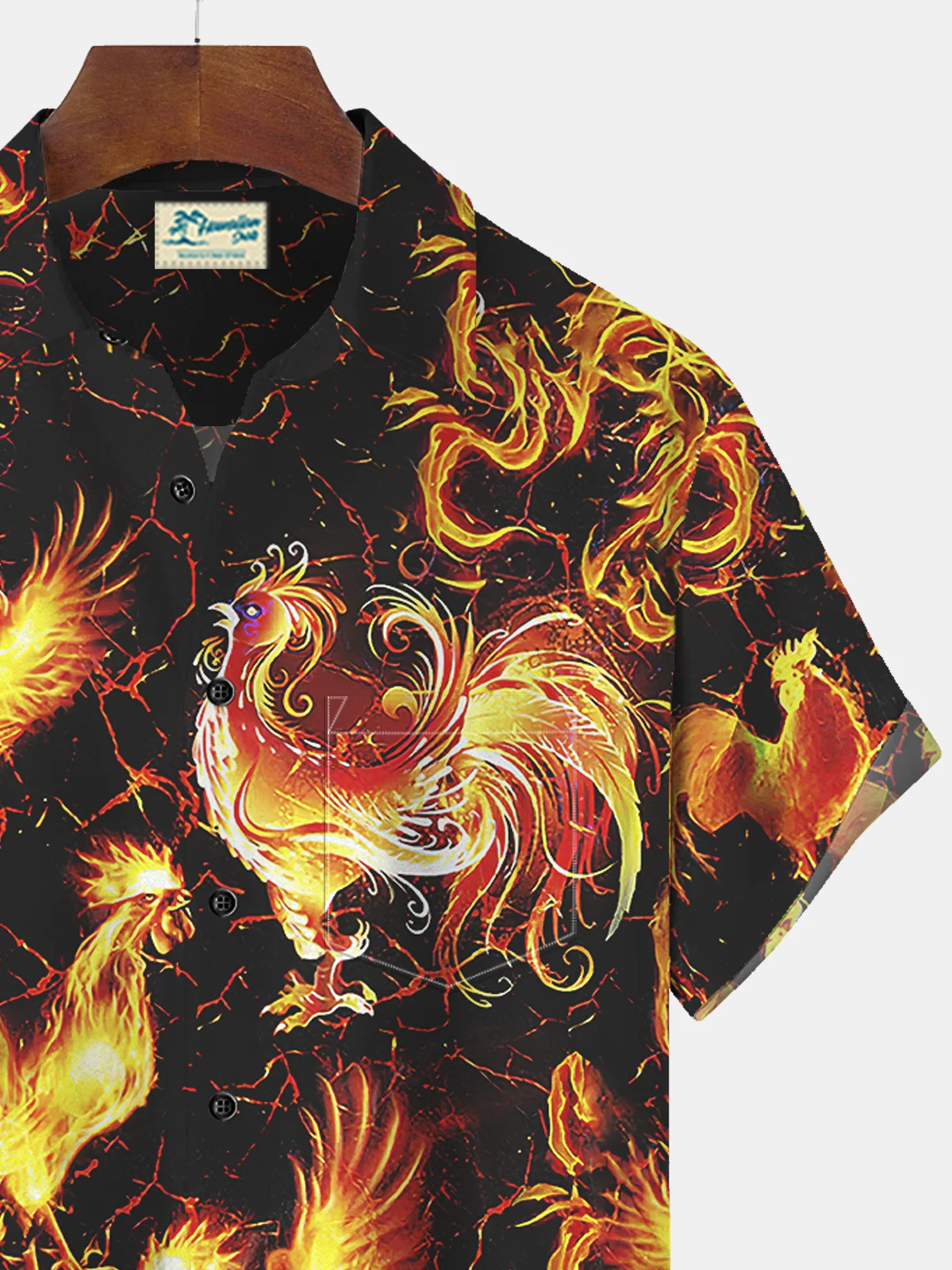 Royaura Vintage Flame Rooster Print Beach Men's Hawaiian Oversized Long Sleeve Shirt with Pockets
