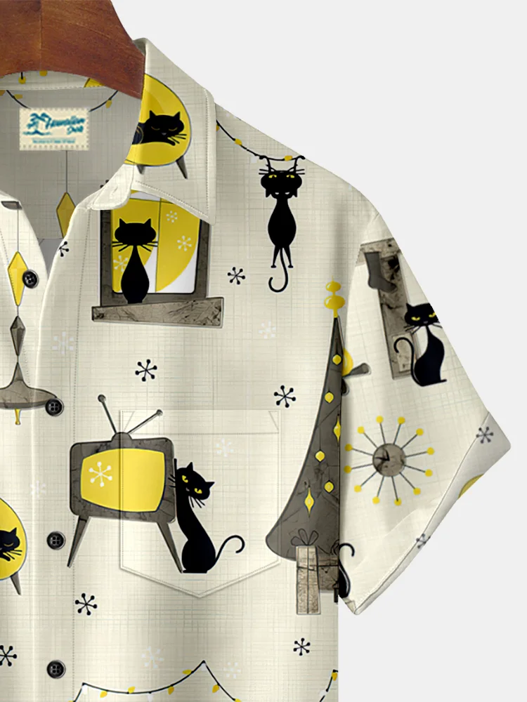 Royaura 50's Vintage Christmas Cat Print Beach Men's Hawaiian Oversized Pocket Shirt