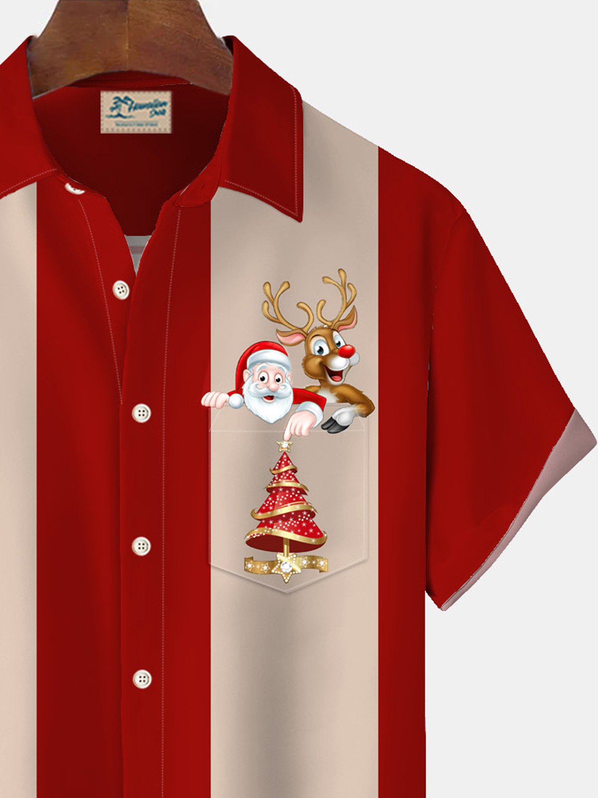 Royaura Christmas Santa Claus Christmas Tree Bowling Print Men's Button Pocket Short Sleeve Shirt