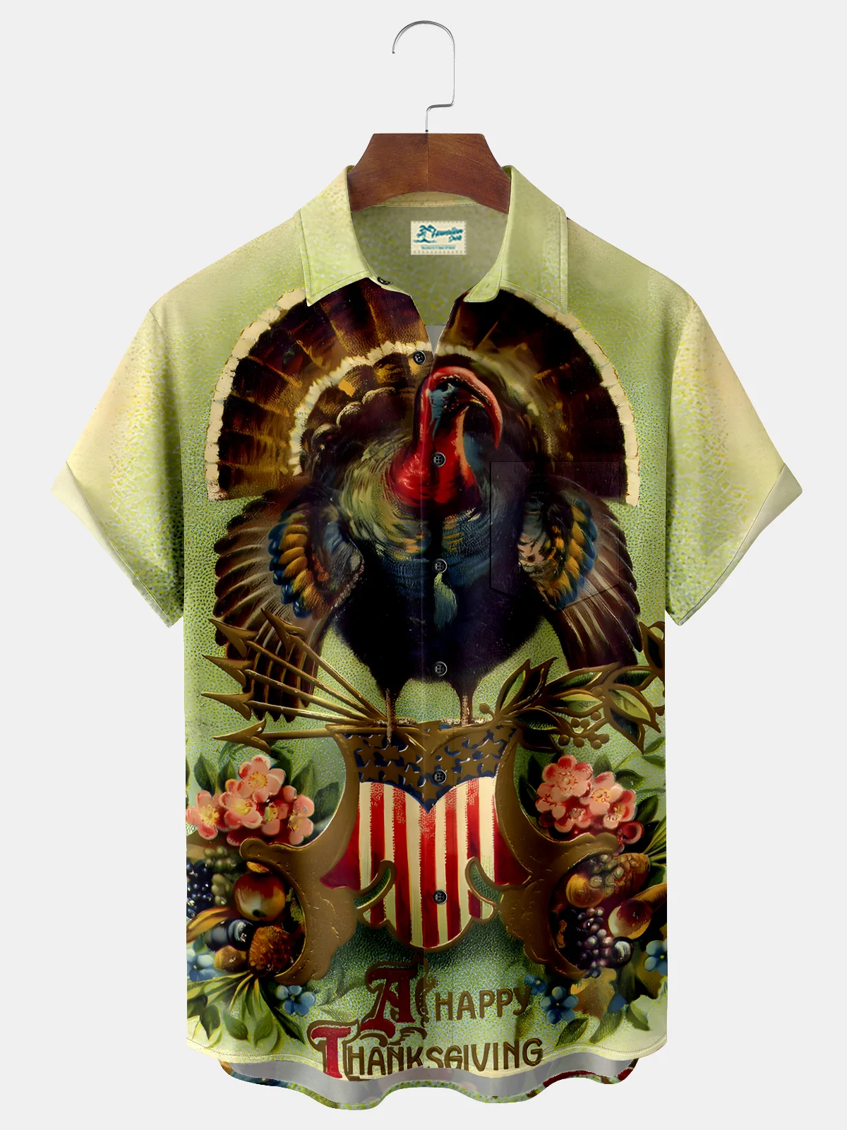 Royaura Happy Thanksgiving Turkey  Print Beach Men's Hawaiian Oversized Shirt with Pockets