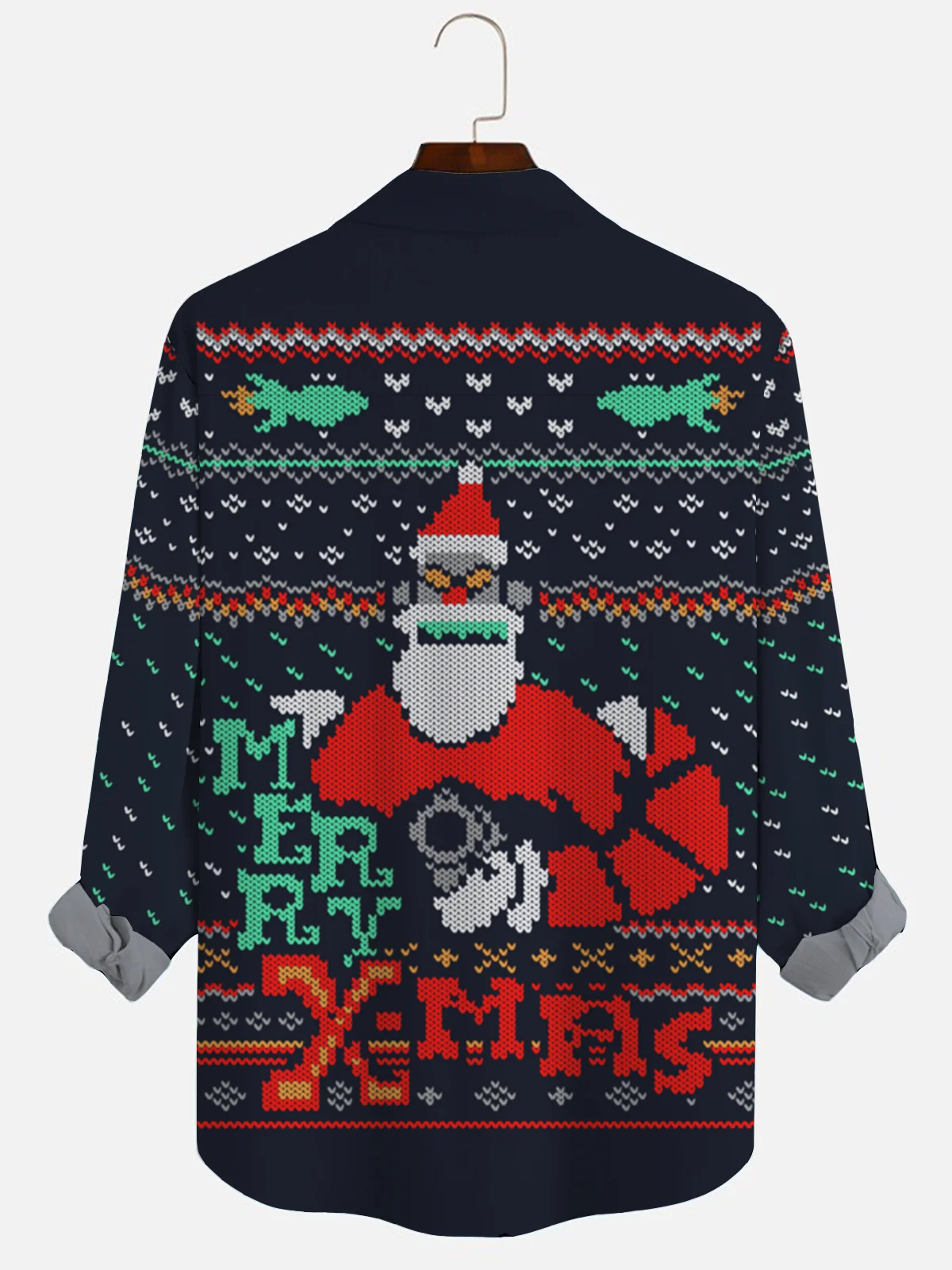 Royaura Christmas Holiday Navy Long Sleeve Casual Shirts Santa Claus Cartoon Art Camp Button Shirts