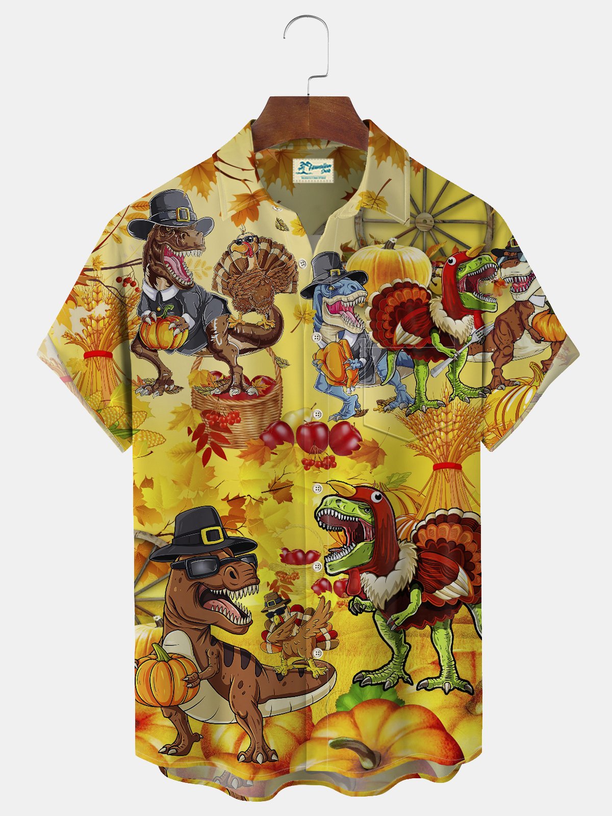 Royaura Thanksgiving Dinosaur Cartoon Yellow Men's Hawaiian Shirts Stretch Plus Size Aloha Camp Pocket Button Shirts