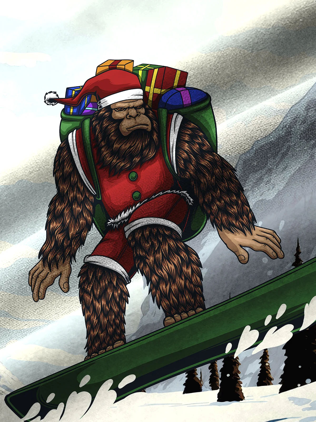 Royaura Bigfoot skiing on Christmas Print Beach Men's Hawaiian Oversized Shirt with Pockets