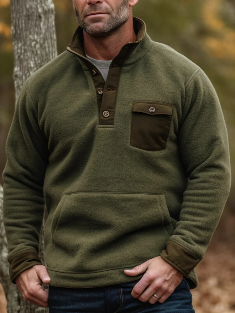 Royaura Men's Contrast Print Basic Stand Collar Button Sweatshirt