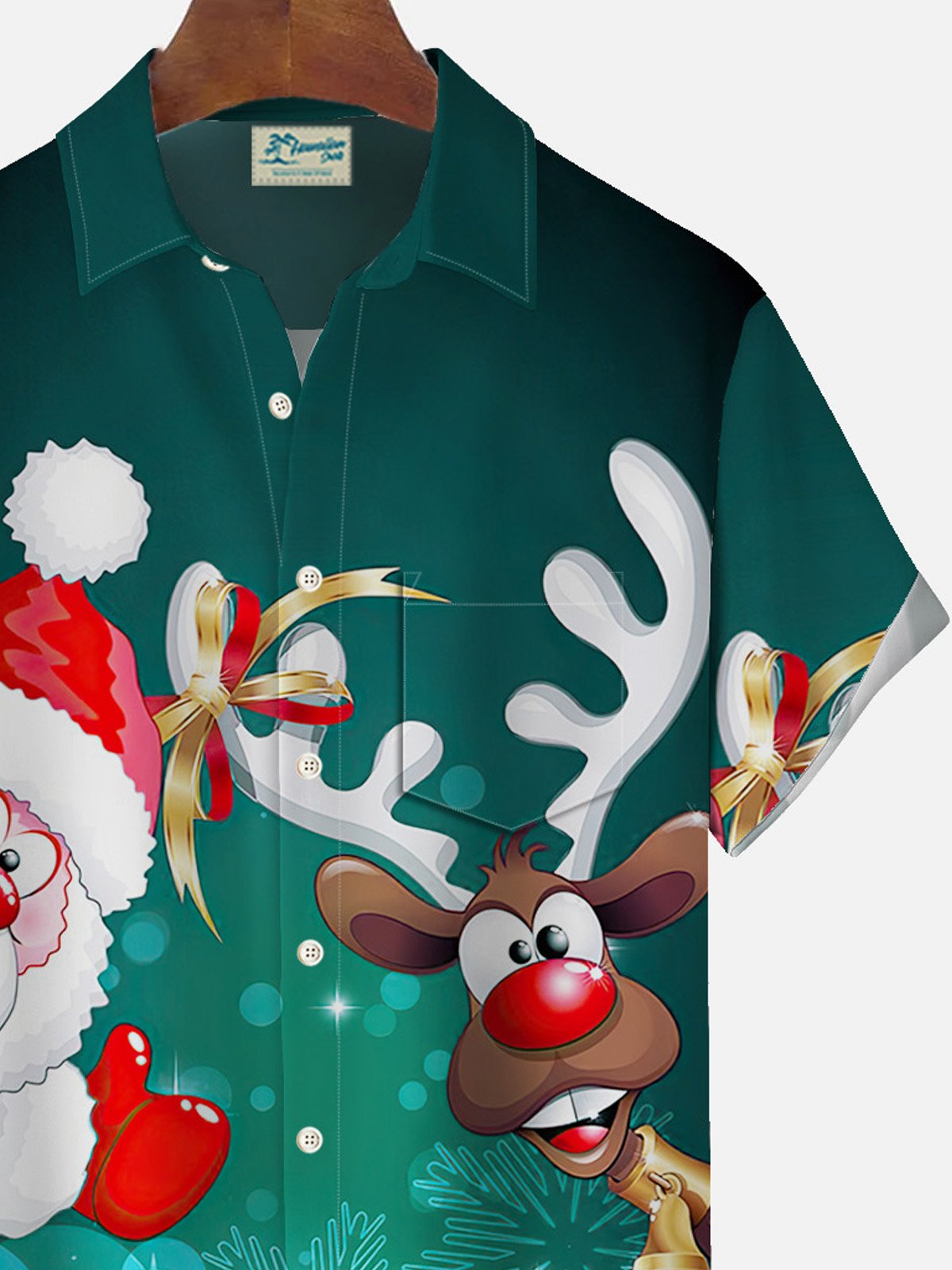 Royaura Christmas Santa Claus sika deer print men's button pocket short-sleeved shirt