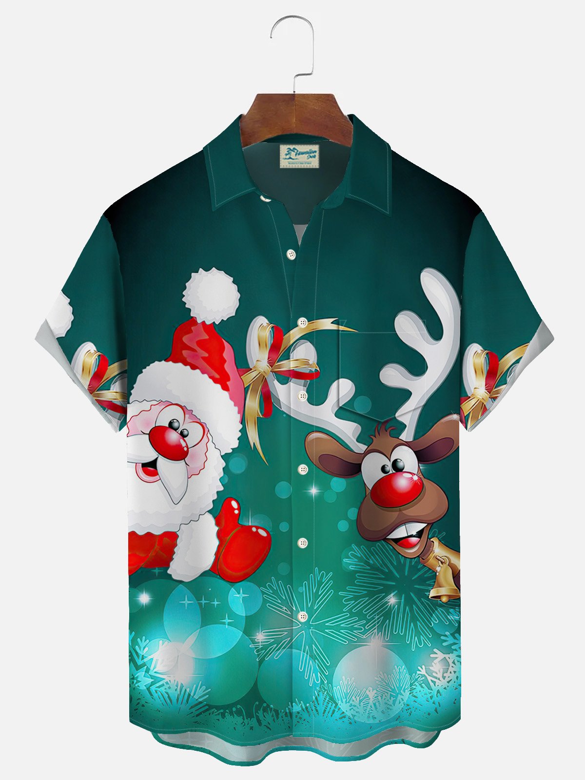 Royaura Christmas Santa Claus sika deer print men's button pocket short-sleeved shirt