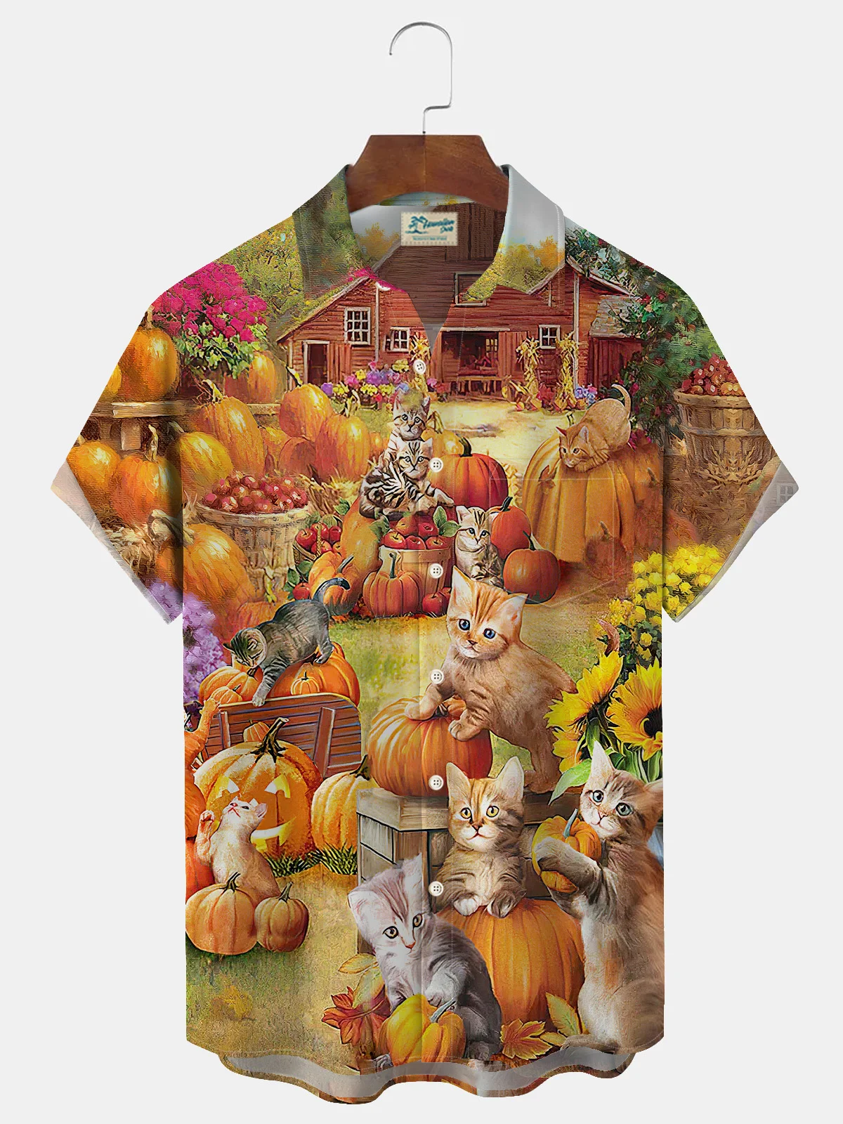 Royaura Halloween Cat Pumpkin Print Men's Button Down Pocket Shirt