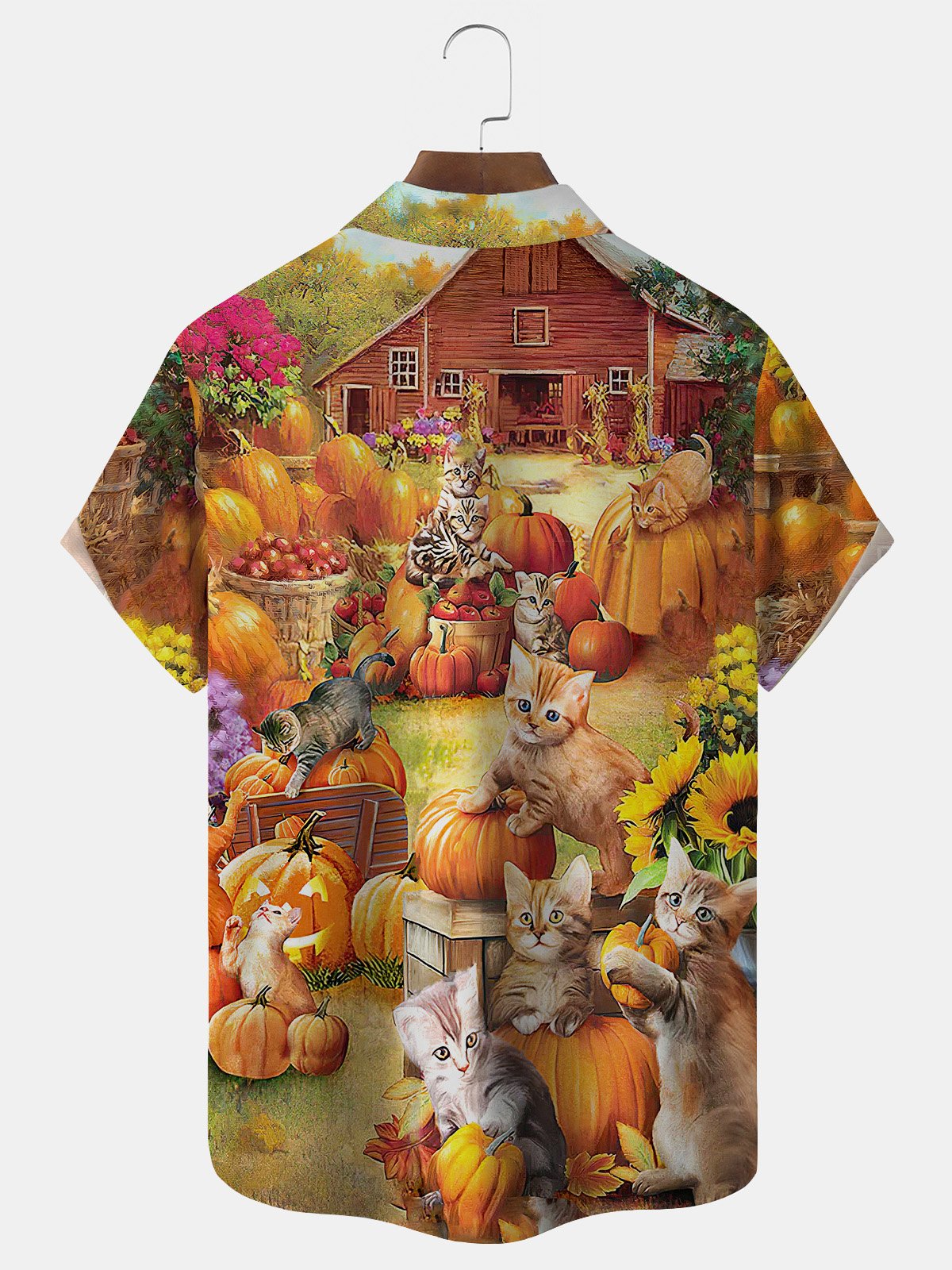 Royaura Halloween Cat Pumpkin Print Men's Button Down Pocket Shirt