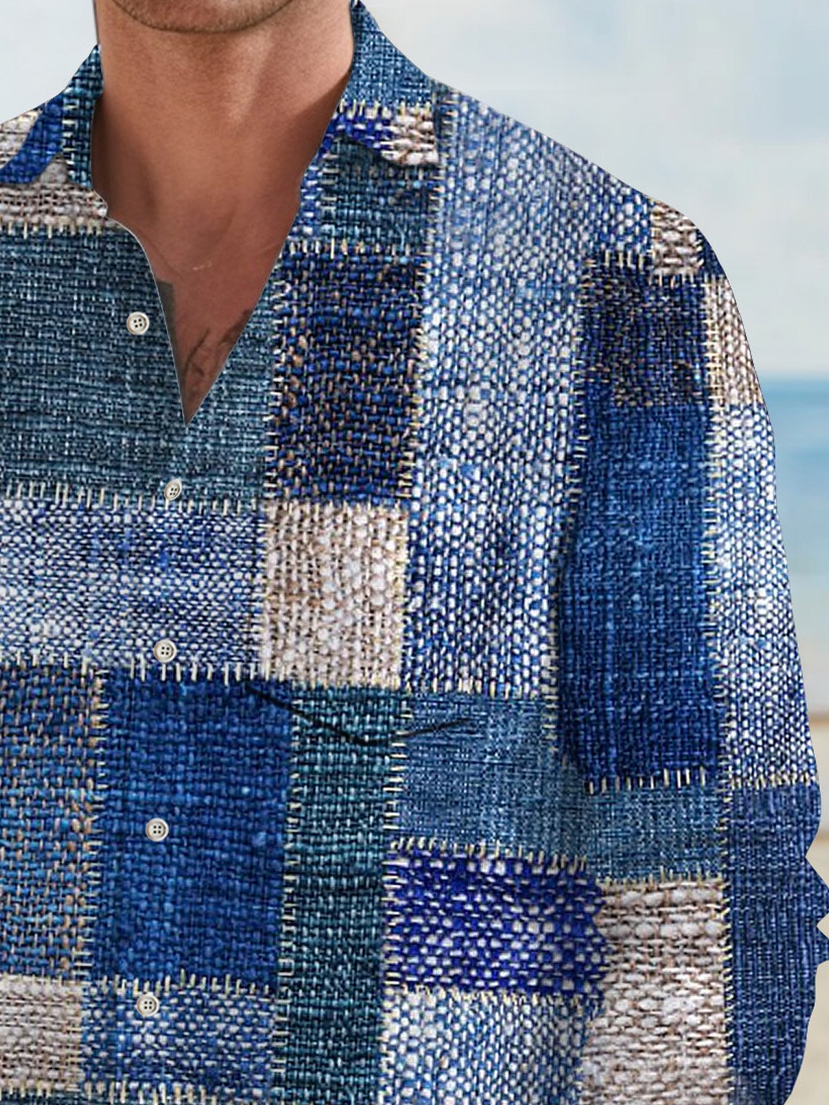 Royaura Men's Retro Geometric Textured Print Button Pocket Long Sleeve Shirt
