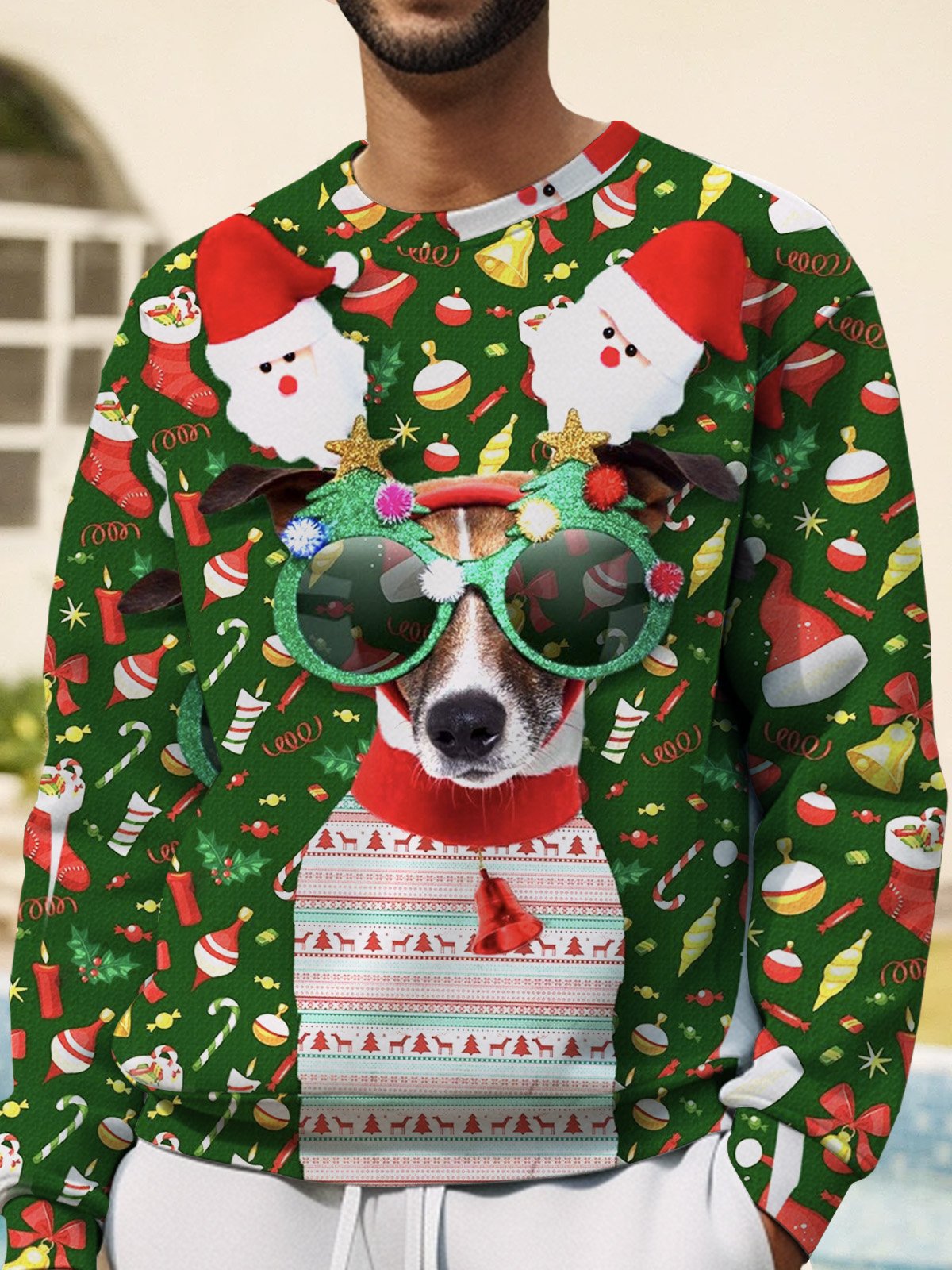 Royaura Men's Christmas Cartoon Dog Print Round Neck Long Sleeve Sweatshirt