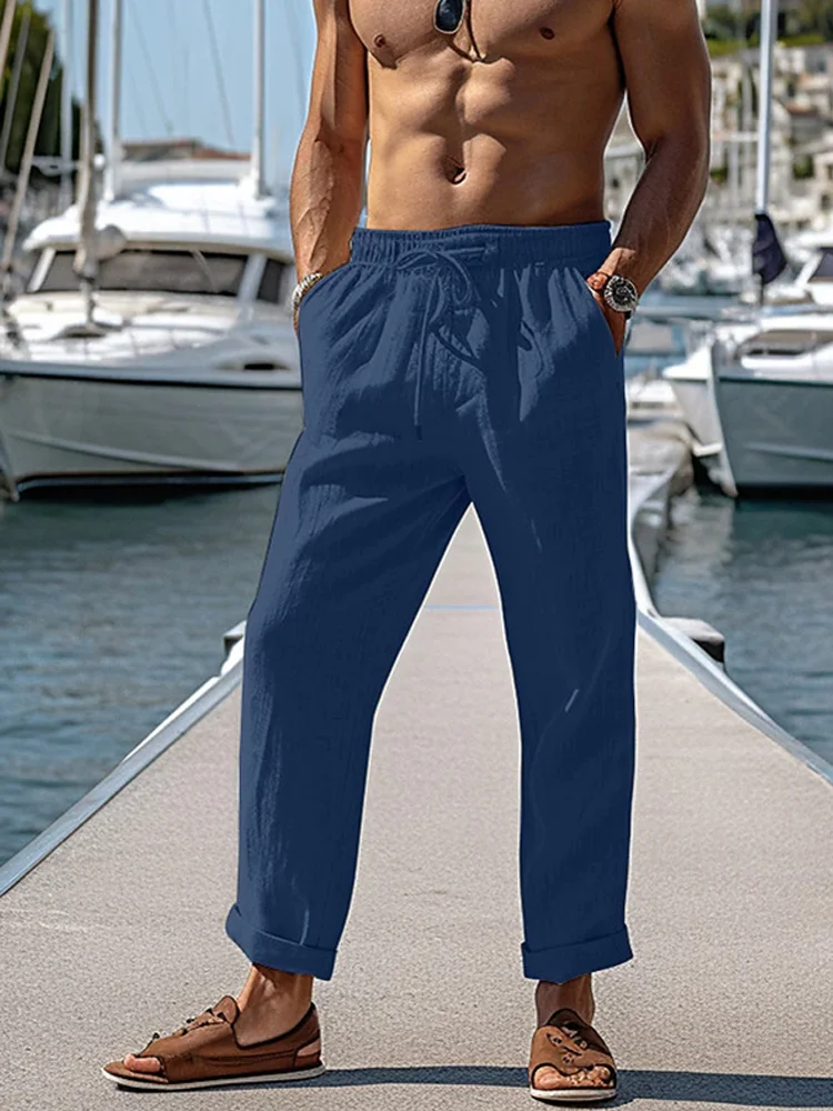 Royaura Men's Outdoor Leisure Holiday Comfortable Nature  Fiber Loose Elastic Waist Trousers