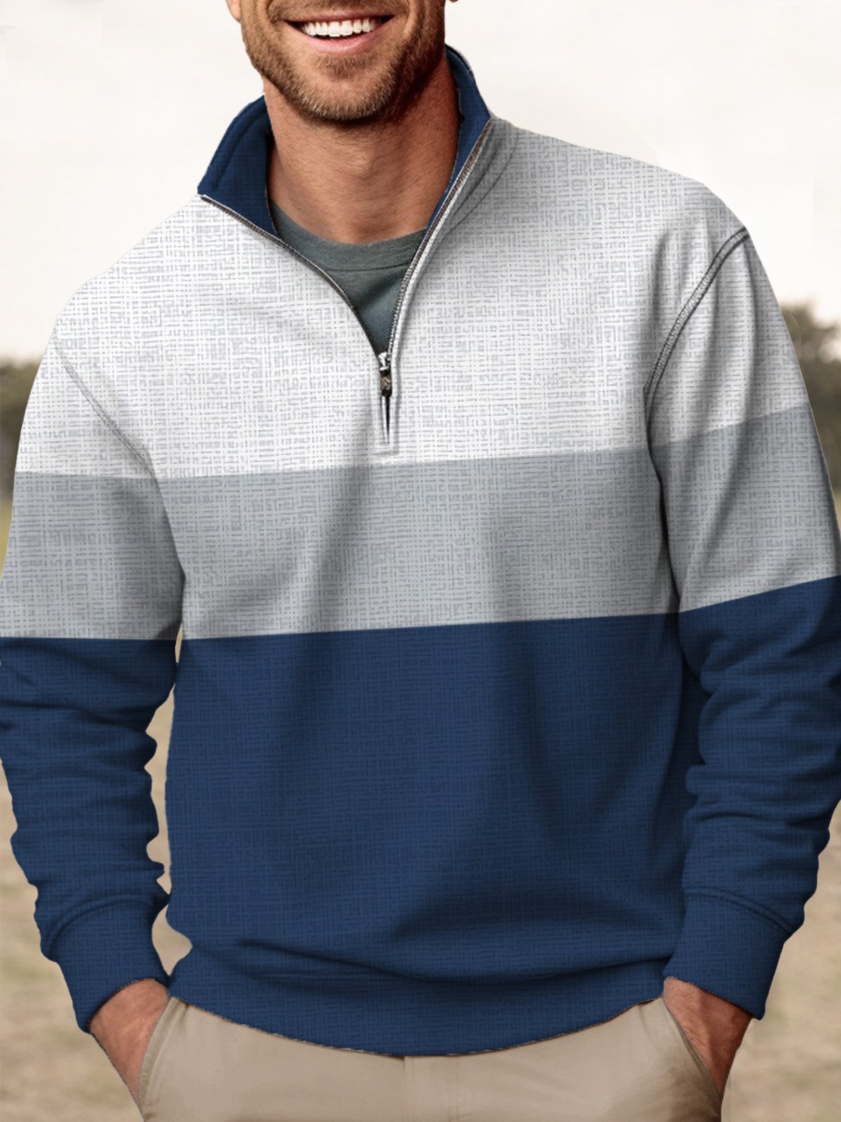 Royaura Men's Color Block Print Zip Long Sleeve Stand Collar Sweatshirt