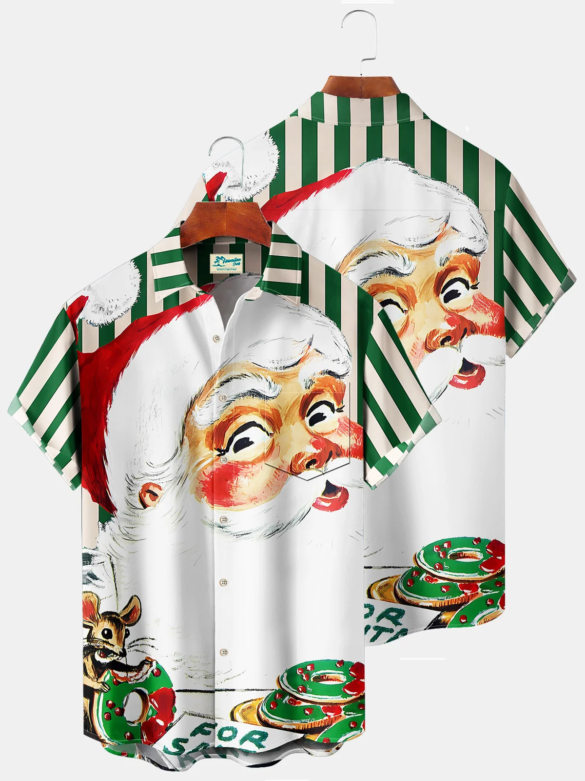 Royaura Christmas Holiday Green Men's Shirts Santa Claus Cartoon Stretch Casual Camp Pocket Button Striped Shirts