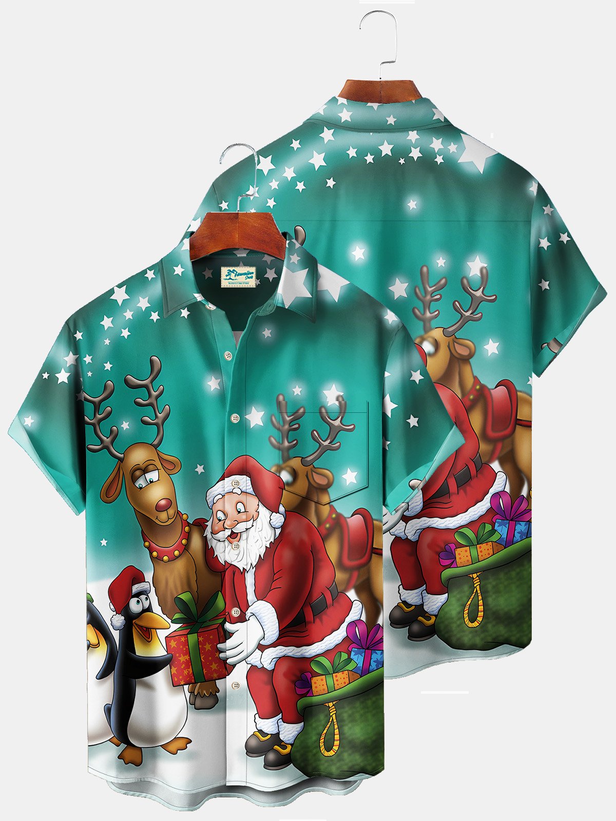 Royaura Christmas Holiday Green Men's Shirt Santa Elk Cartoon Stretch Aloha Fun Casual Camp Pocket Button-Down Shirts