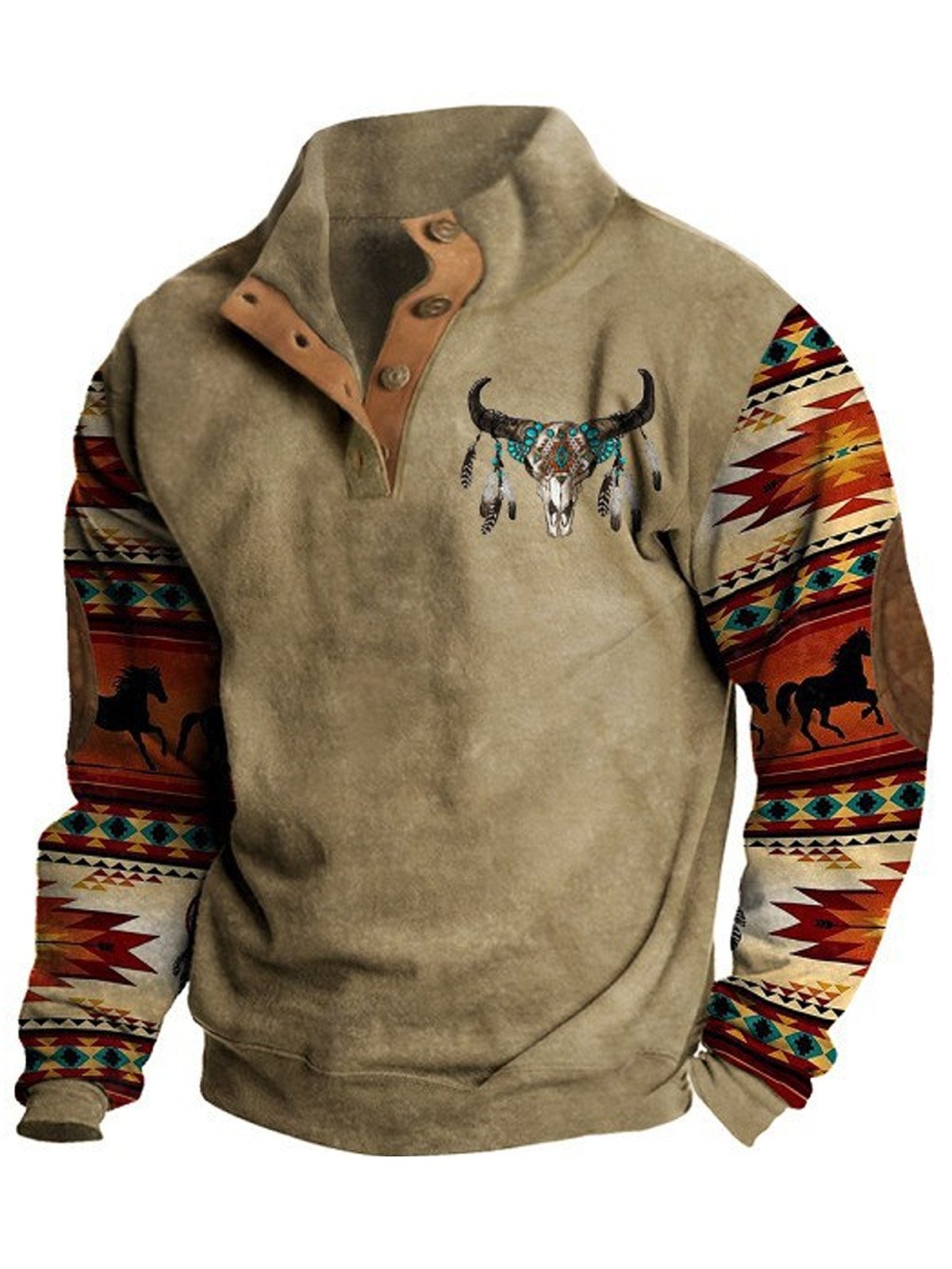 Royaura Men's Ethnic Bull Geometric Western Print Vintage Button Stand Collar Sweatshirt