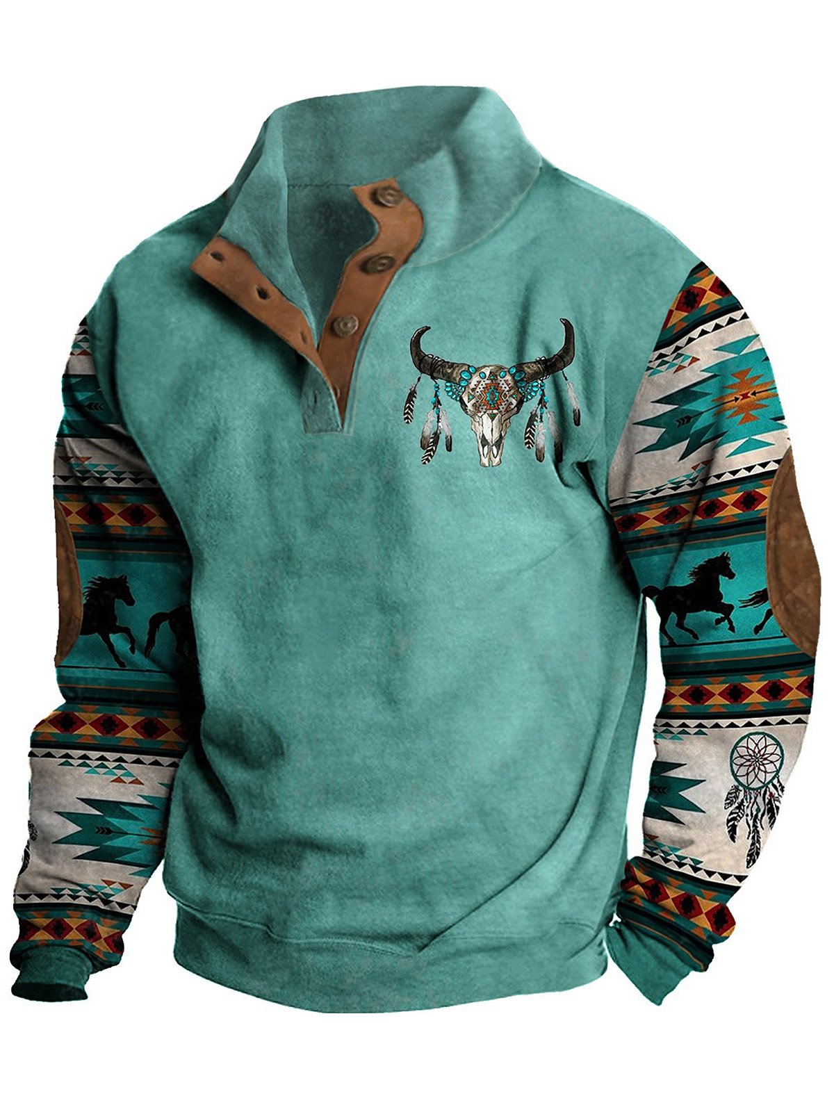 Royaura Men's Ethnic Bull Geometric Western Print Vintage Button Stand Collar Sweatshirt