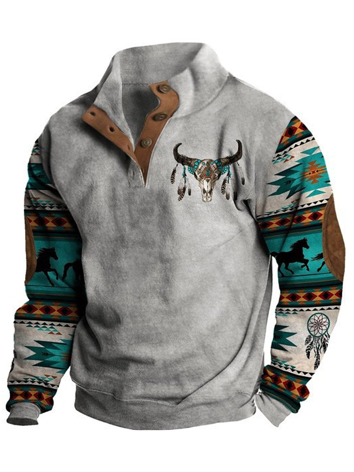 Royaura Men's Ethnic Bull Geometric Western Print Vintage Button Stand Collar Sweatshirt
