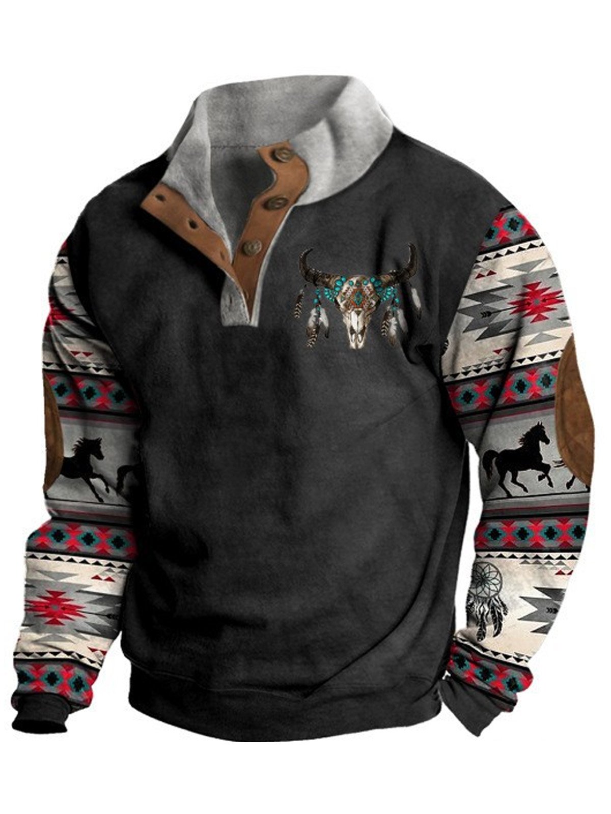 Royaura Men's Ethnic Bull Geometric Western Print Vintage Button Stand Collar Sweatshirt