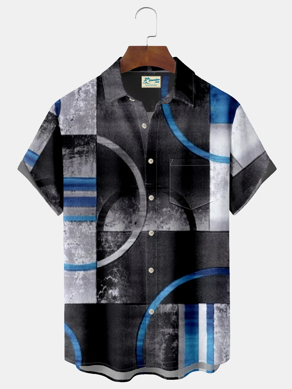 Royaura Modern Space Geometry Print Beach Men's Hawaiian Oversized Shirt with Pockets