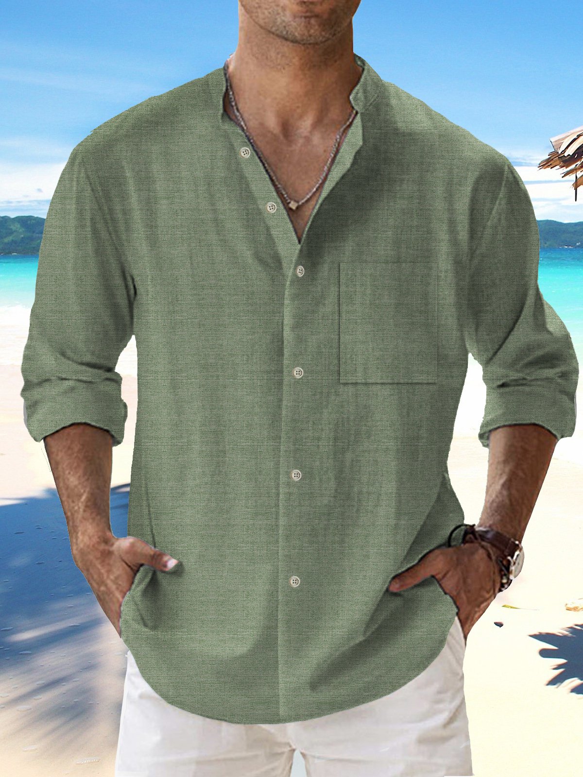 Royaura Beach Vacation Green Men's Casual Stand Collar Shirts Soft & Breathable Long Sleeve Shirts