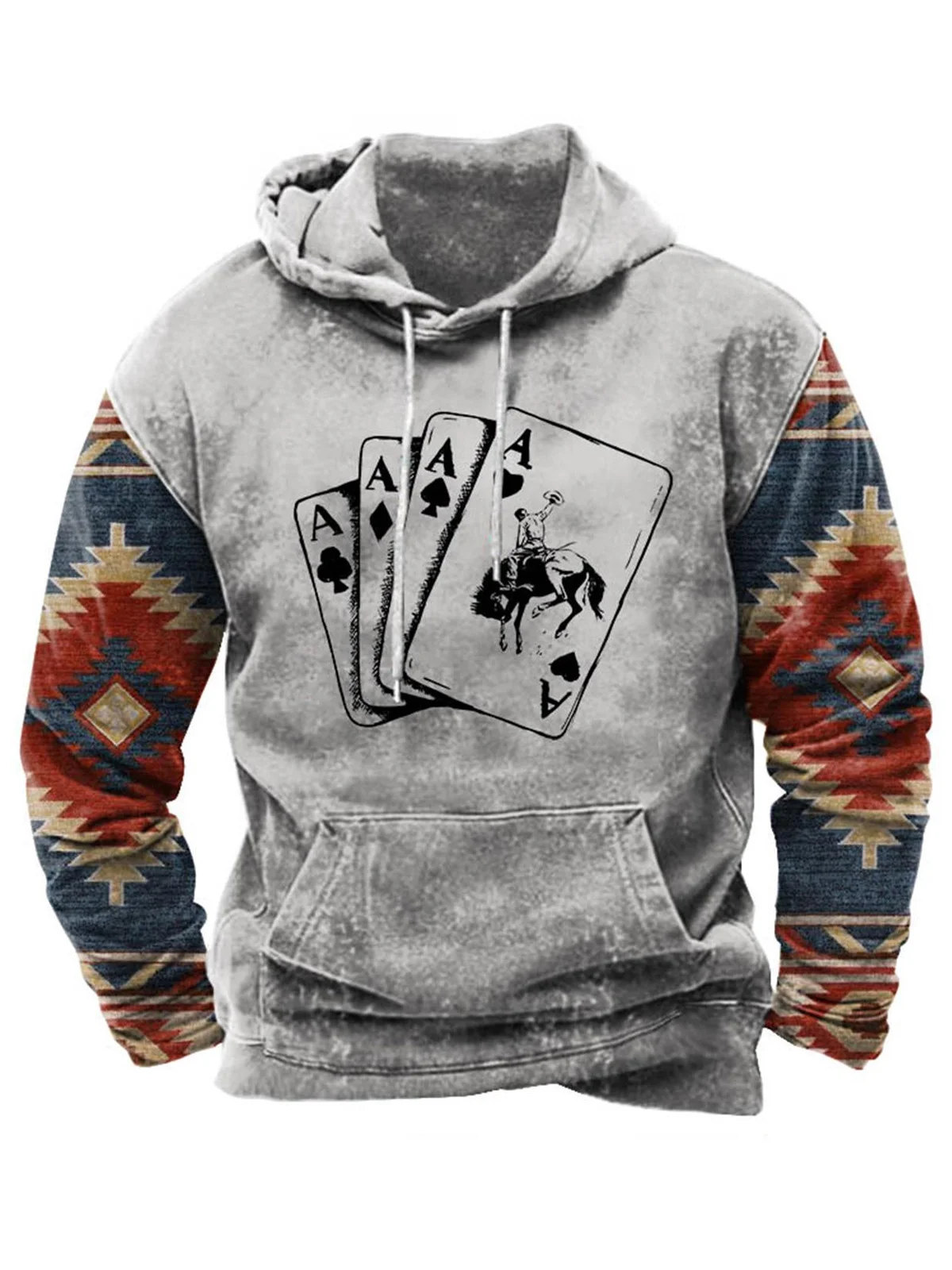 Royaura Men's Western Poker Ethnic Print Drawstring Hooded Sweatshirt