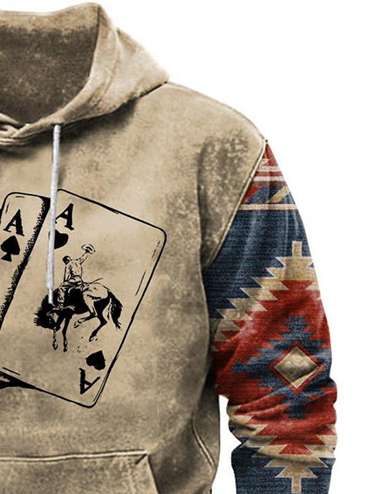 Royaura Men's Western Poker Ethnic Print Drawstring Hooded Sweatshirt