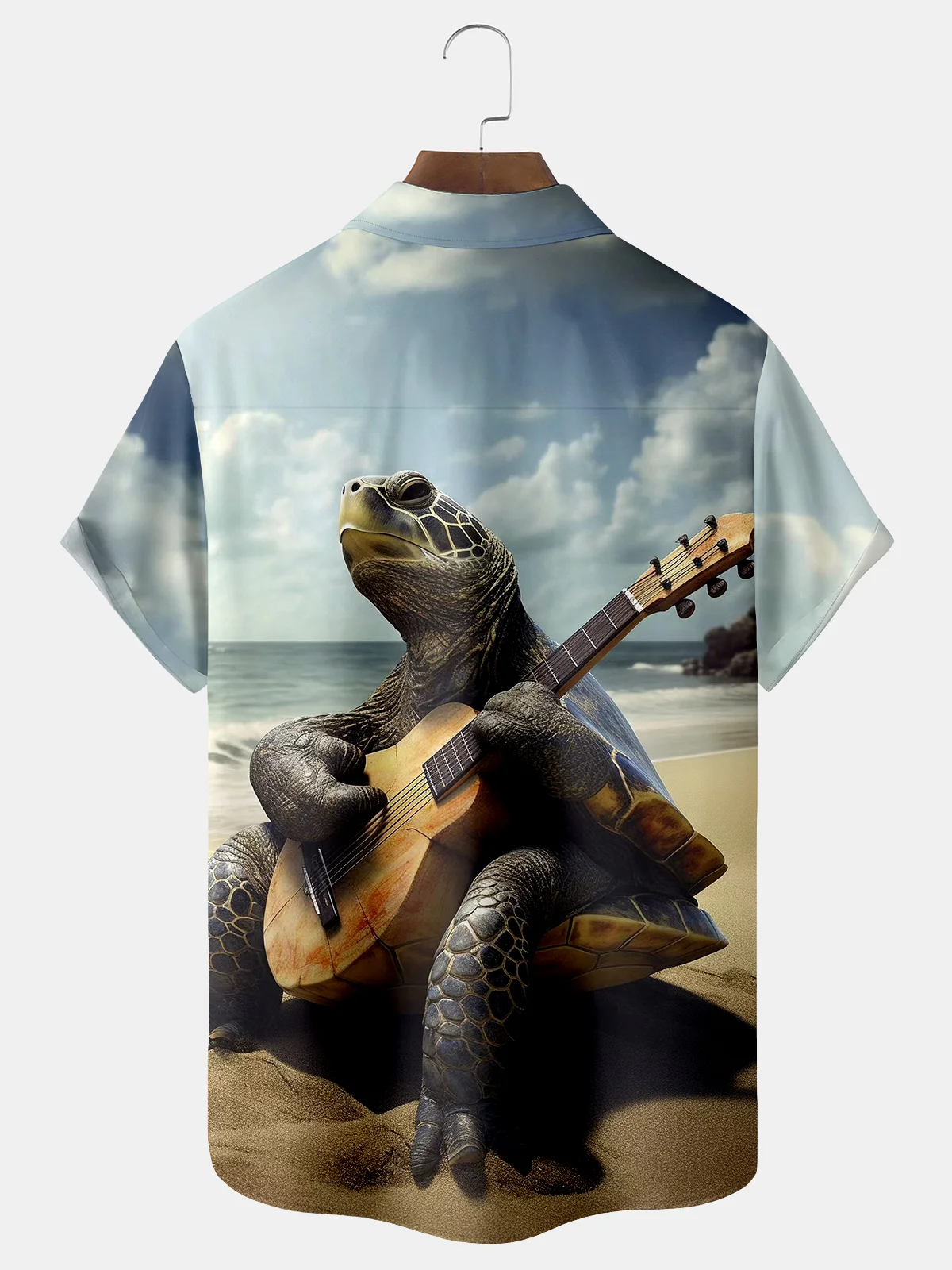 Royaura Music Playing Guitar Turtle Print Beach Men's Hawaiian Oversized Shirt with Pockets