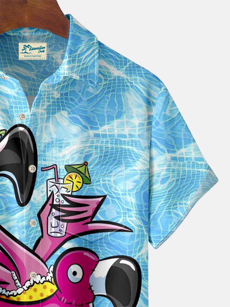 Royaura Pool Flamingo Print Beach Men's Hawaiian Oversized Shirt with Pockets